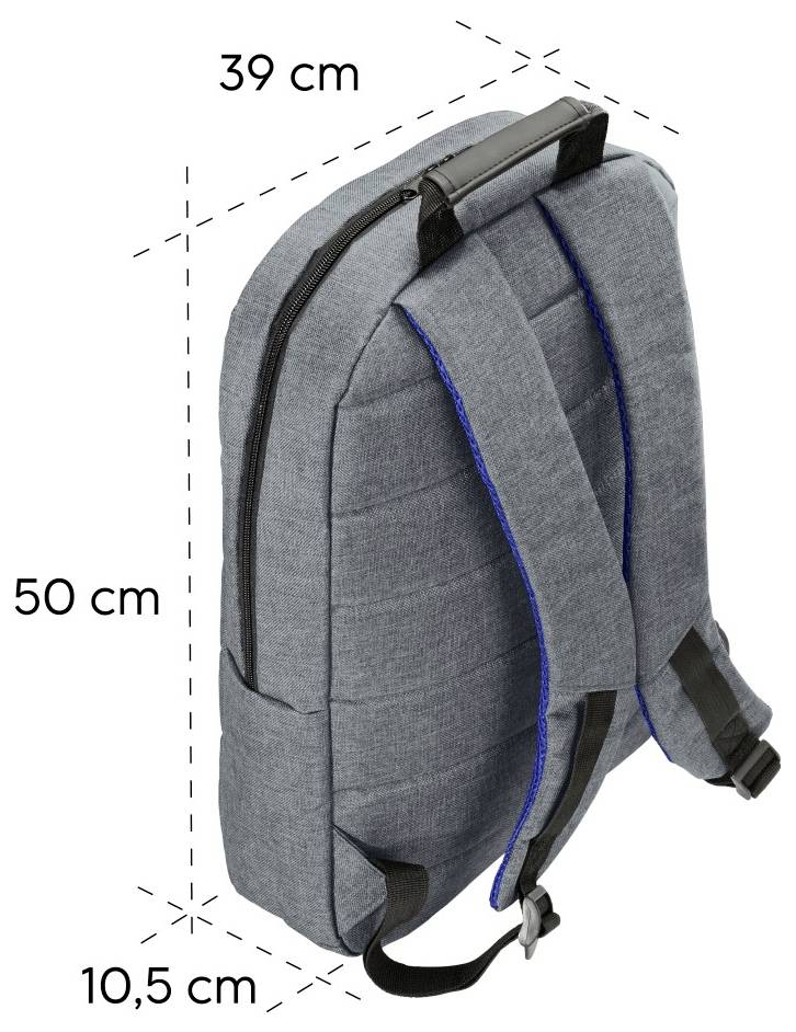 Szary plecak pokazany z opisanymi wymiarami: 39 cm szerokości, 50 cm wysokości i 10,5 cm głębokości.