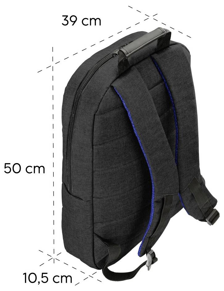 Czarny plecak pokazany z oznaczonymi wymiarami: 50 cm wysokości, 39 cm szerokości i 10,5 cm głębokości