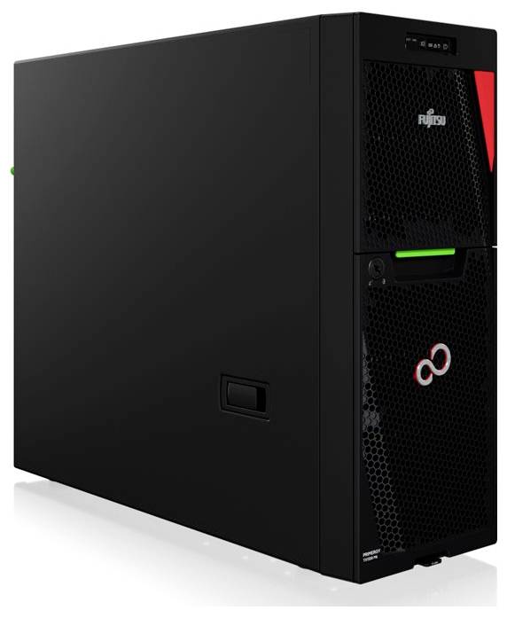 Czarna wieżowa stacja serwerowa Fujitsu Primergy stoi pionowo. Panel przedni wyposażony jest w kratki wentylacyjne, logo Fujitsu oraz czerwony akcent.