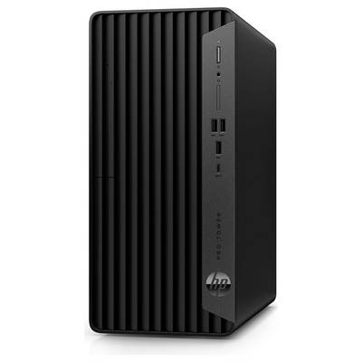 Czarny komputer stacjonarny HP Pro Tower z pionowymi żeberkami, wyposażony w wiele portów USB oraz logo HP na przednim panelu.