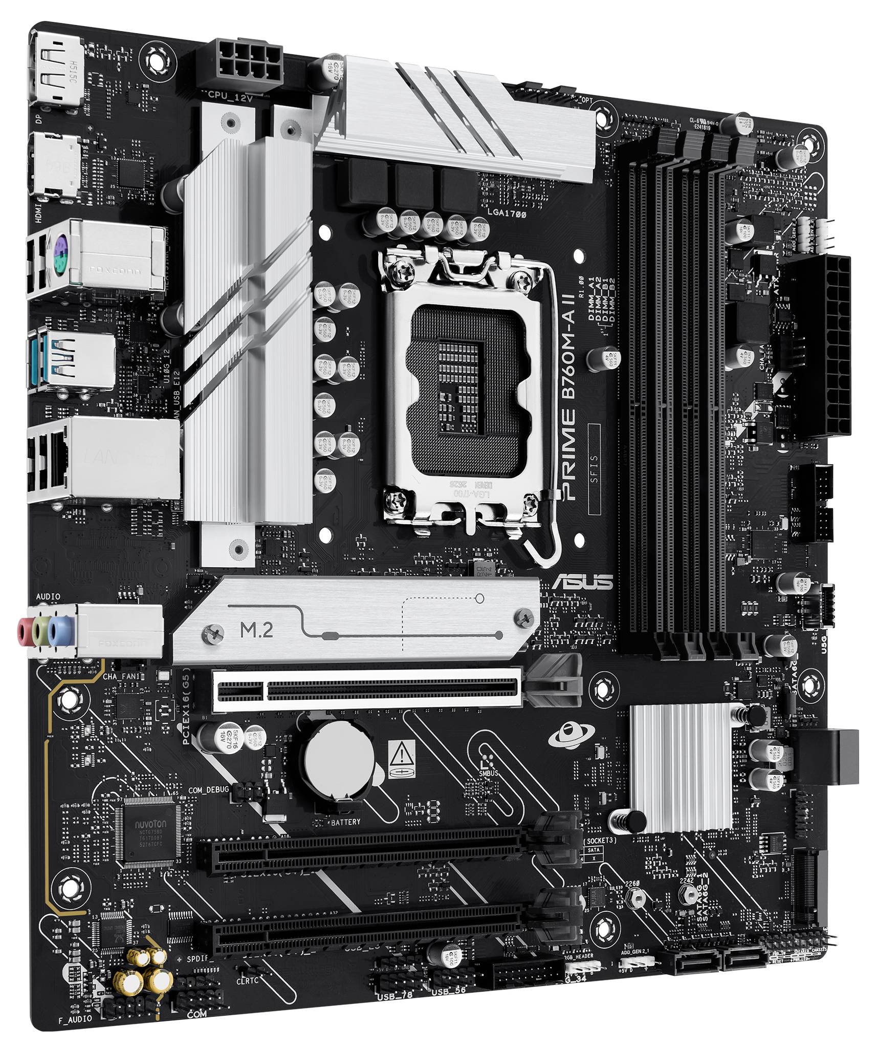 Płyta główna z wieloma portami, gniazdem procesora oraz slotami rozszerzeń, odpowiednia do budowy lub modernizacji komputera.