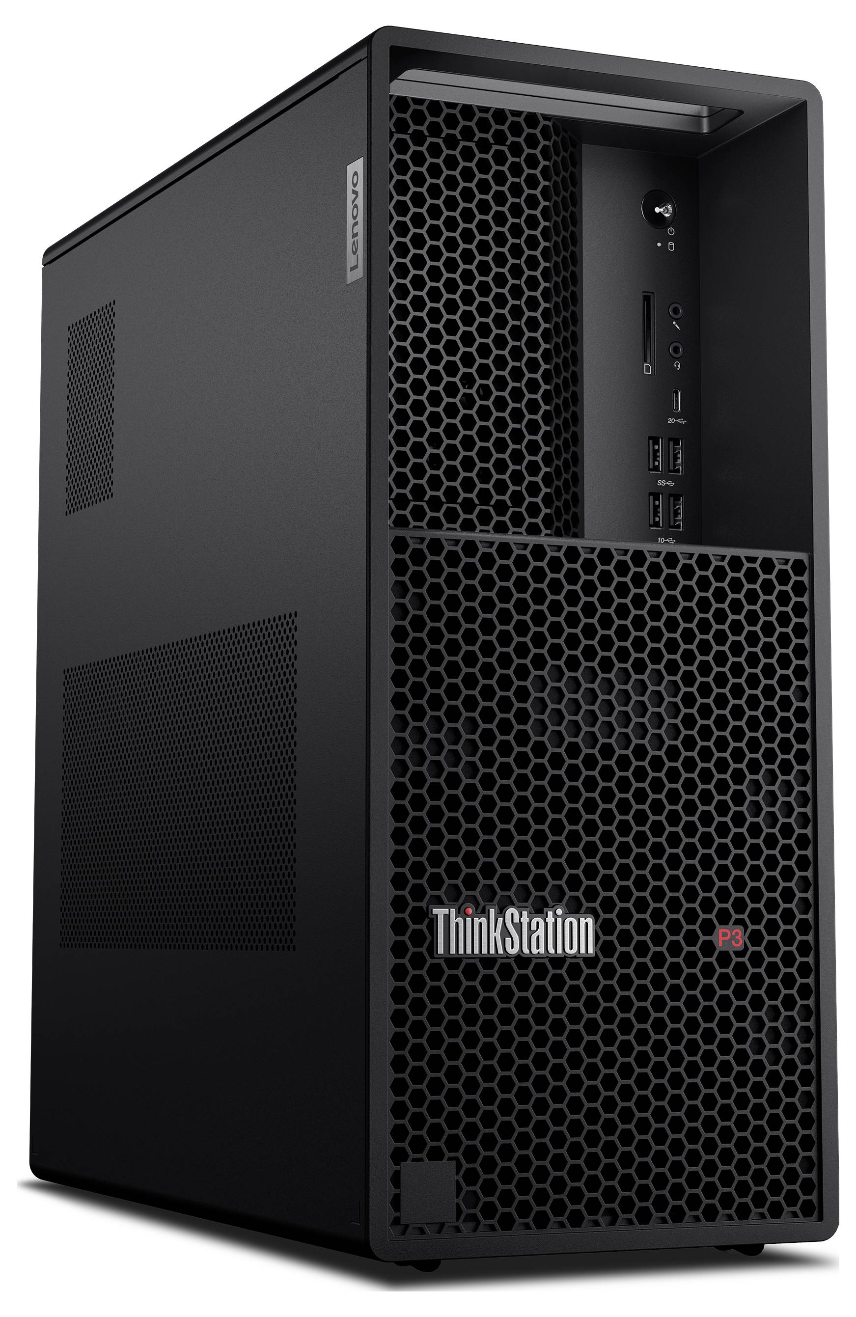 Czarna stacja robocza Lenovo ThinkStation P3 w obudowie tower z siateczkowym wzorem na przednim panelu, wyposażona w porty USB i przycisk zasilania.