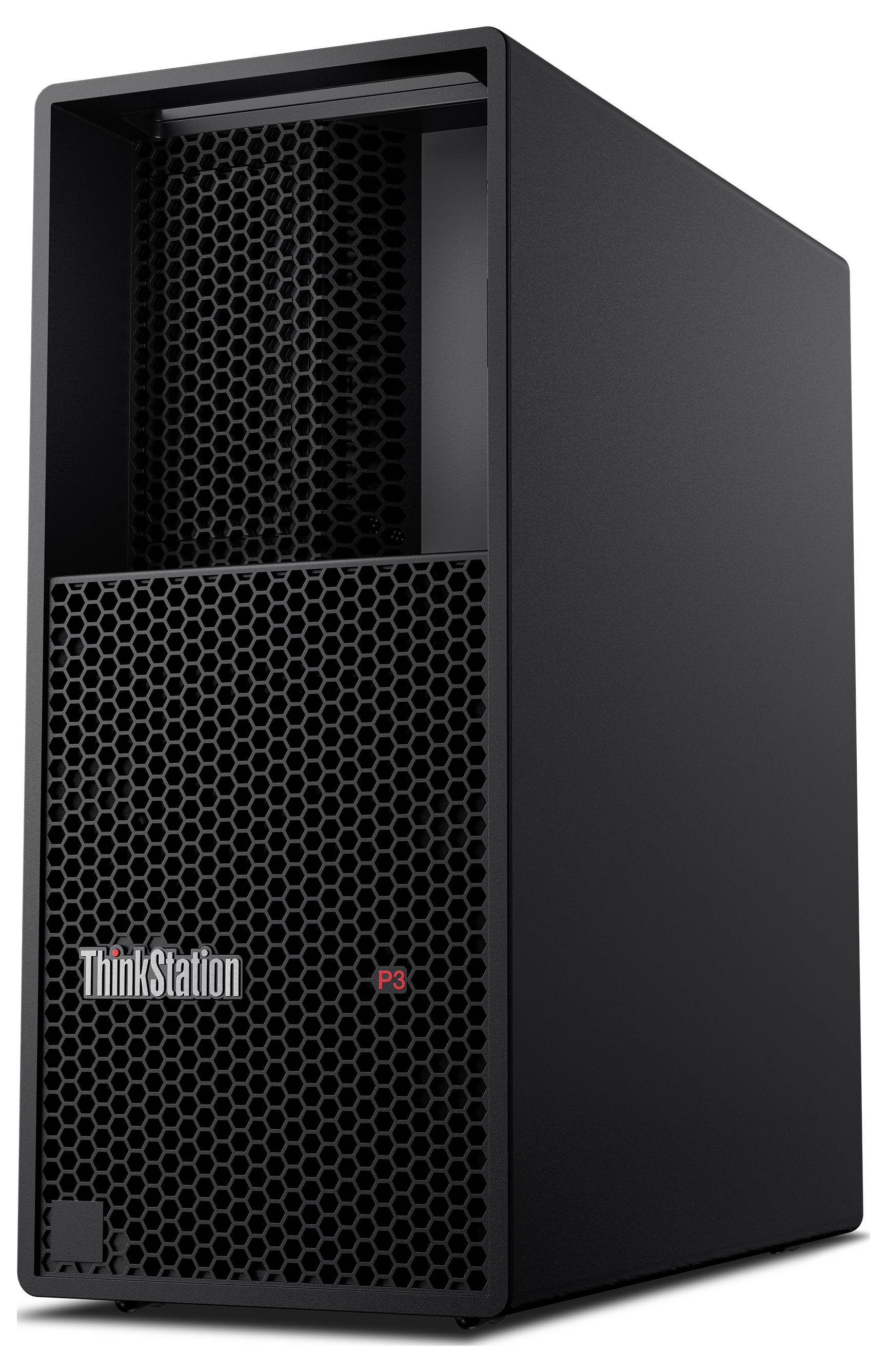 Czarna stacja robocza Lenovo ThinkStation P3 w obudowie wieżowej z wentylowaną kratką, podkreślająca możliwości wydajnego przetwarzania danych.