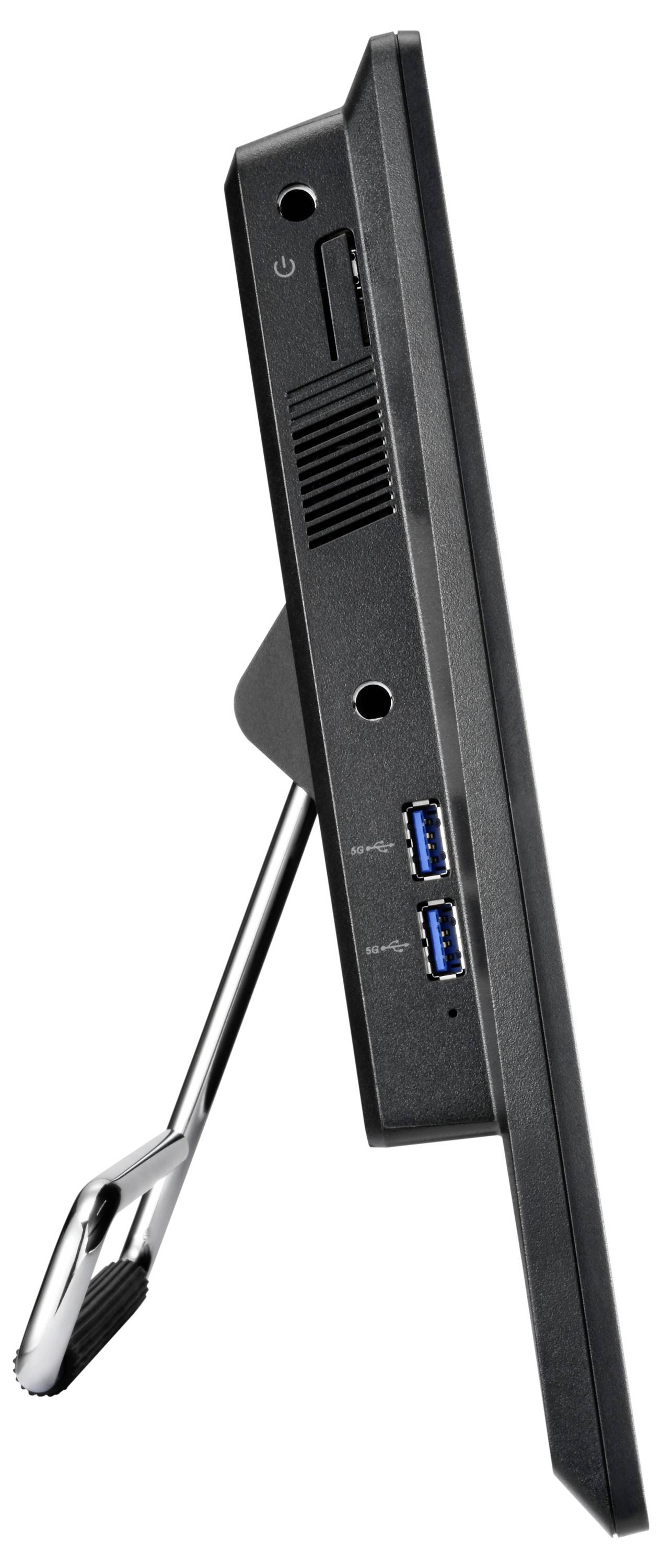 Widok z boku czarnego monitora komputerowego ze stojakiem, z widocznym przyciskiem zasilania, portami USB i otworami wentylacyjnymi.