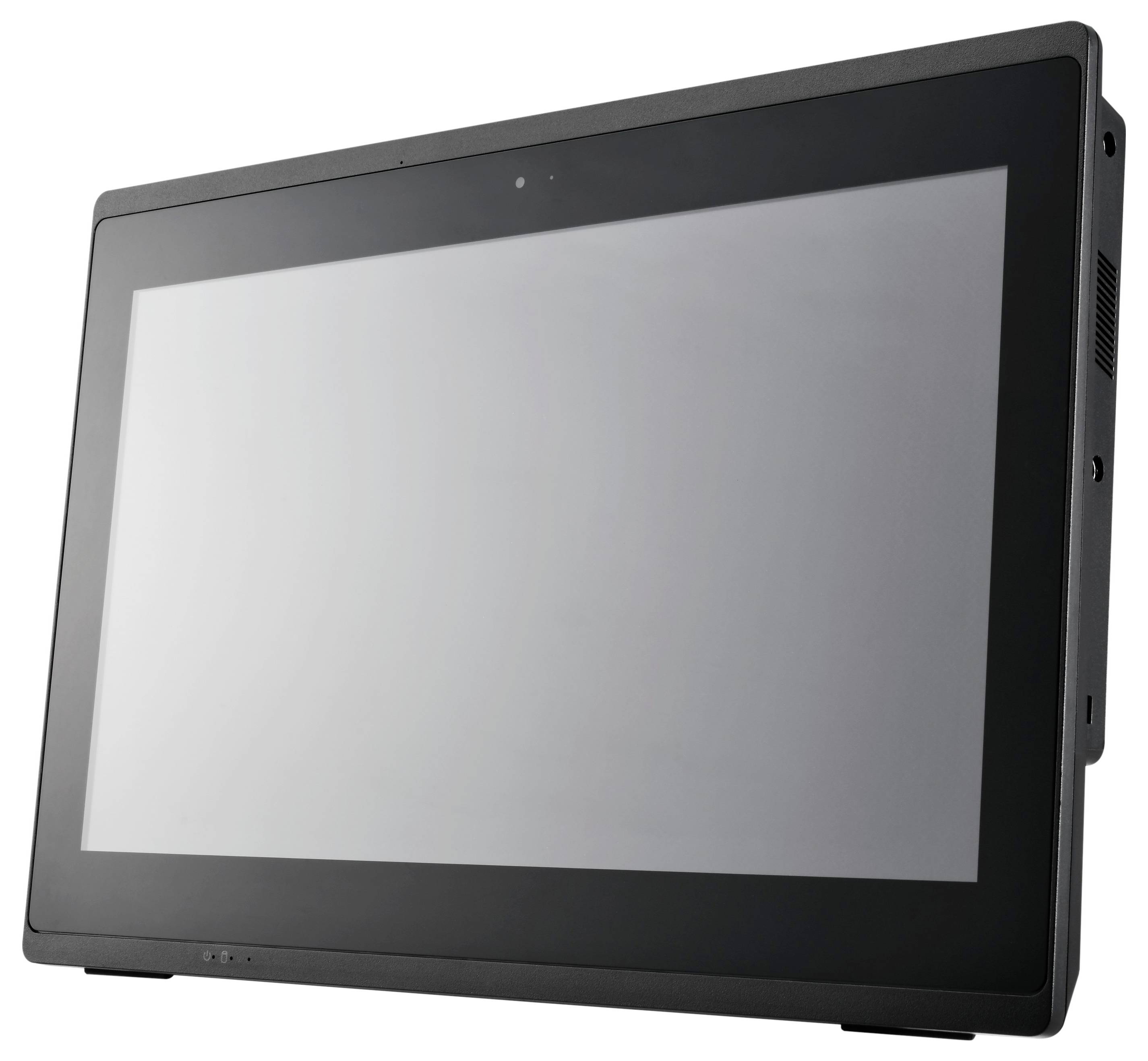 Smukły, nowoczesny czarny monitor komputerowy z odblaskowym ekranem, widziany z ukośnej perspektywy bocznej.