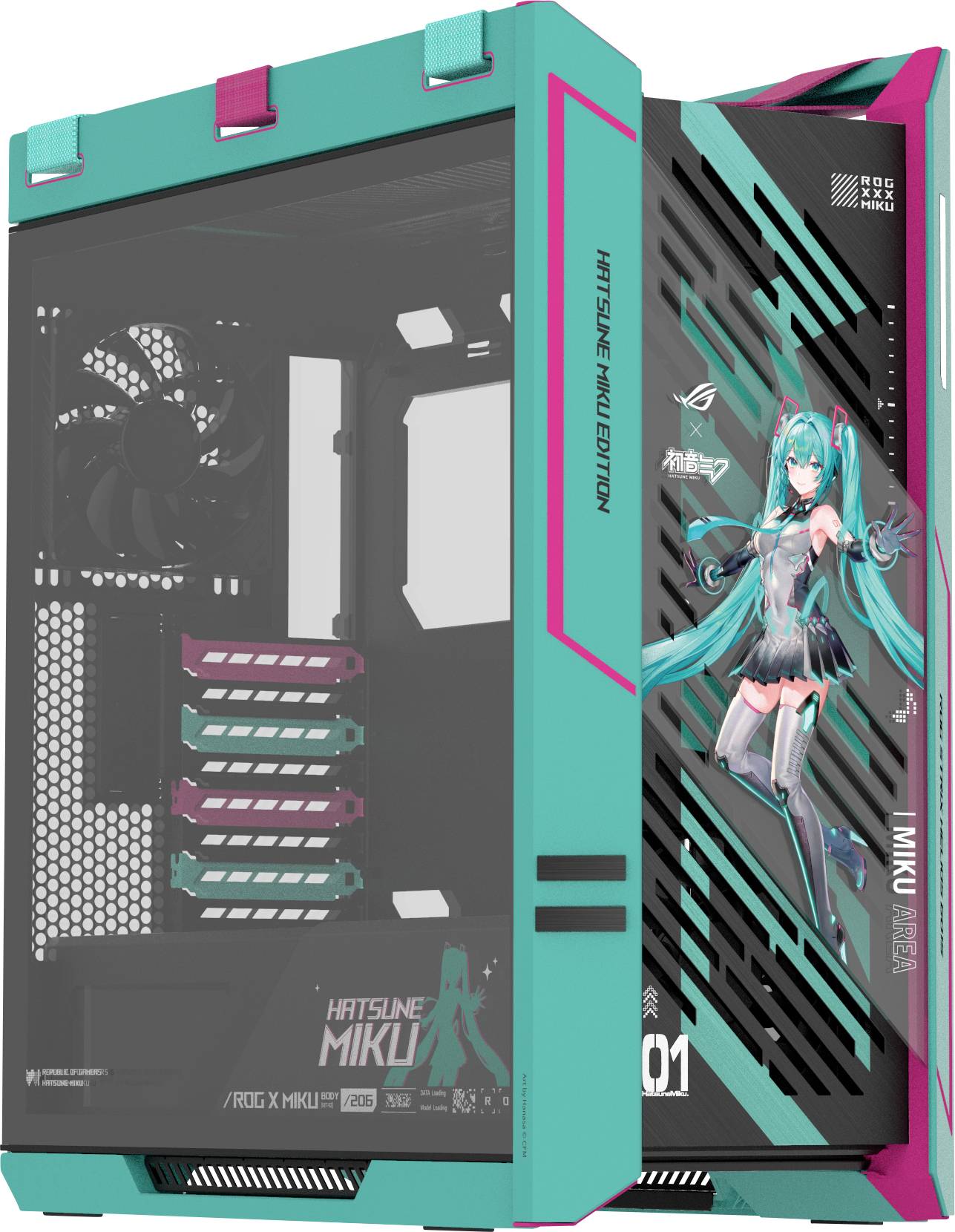 Niestandardowa obudowa komputerowa z projektem w kolorach morskim i różowym, z ilustracją stylizowanej postaci na bocznym panelu, oznaczona napisem 'Hatsune Miku.'