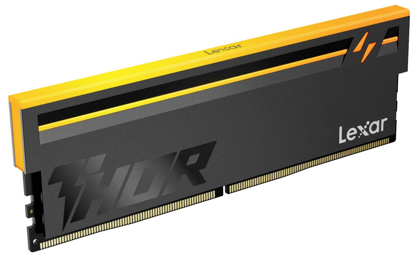 Moduł pamięci Lexar THOR DDR5, wyposażony w czarny radiator z pomarańczowymi akcentami i logo Lexar, przeznaczony do wydajnych obliczeń komputerowych.