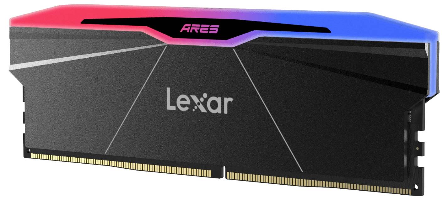 Moduł pamięci RAM firmy Lexar oznaczony jako 'ARES' z elegankim czarnym designem i podświetleniem RGB na wierzchu.