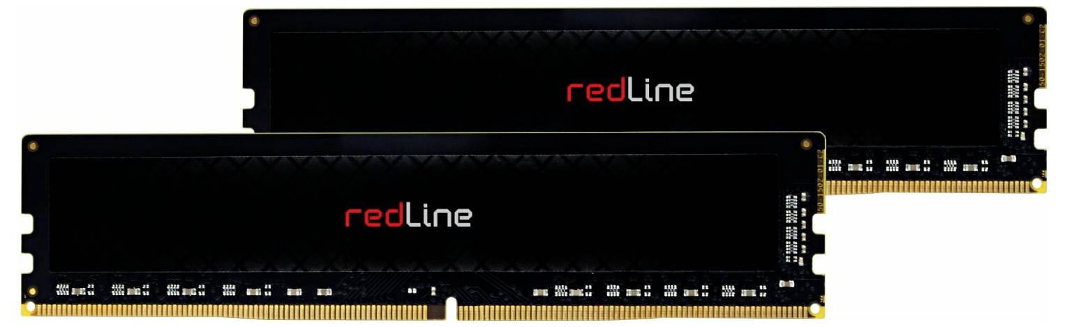 Dwie czarne kości pamięci RAM z etykietą 'redLine', ułożone poziomo, prezentujące sprzęt pamięciowy dla komputerów.