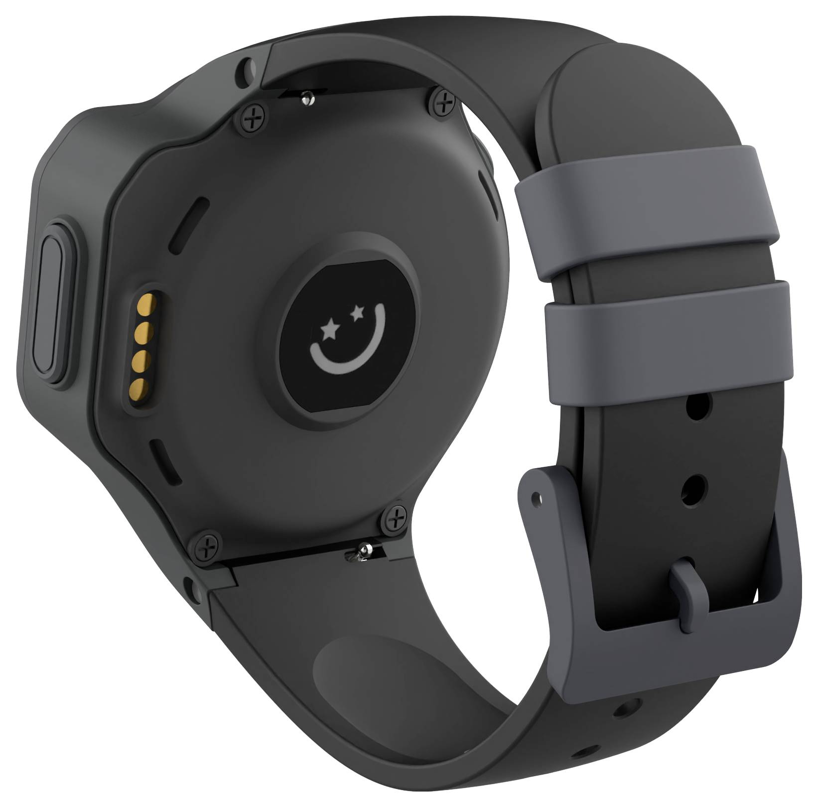 Czarny smartwatch widziany od tyłu, z zakrzywionym paskiem i widocznymi stykami ładowania. Na zegarku wyświetlany jest symbol uśmiechniętej twarzy.