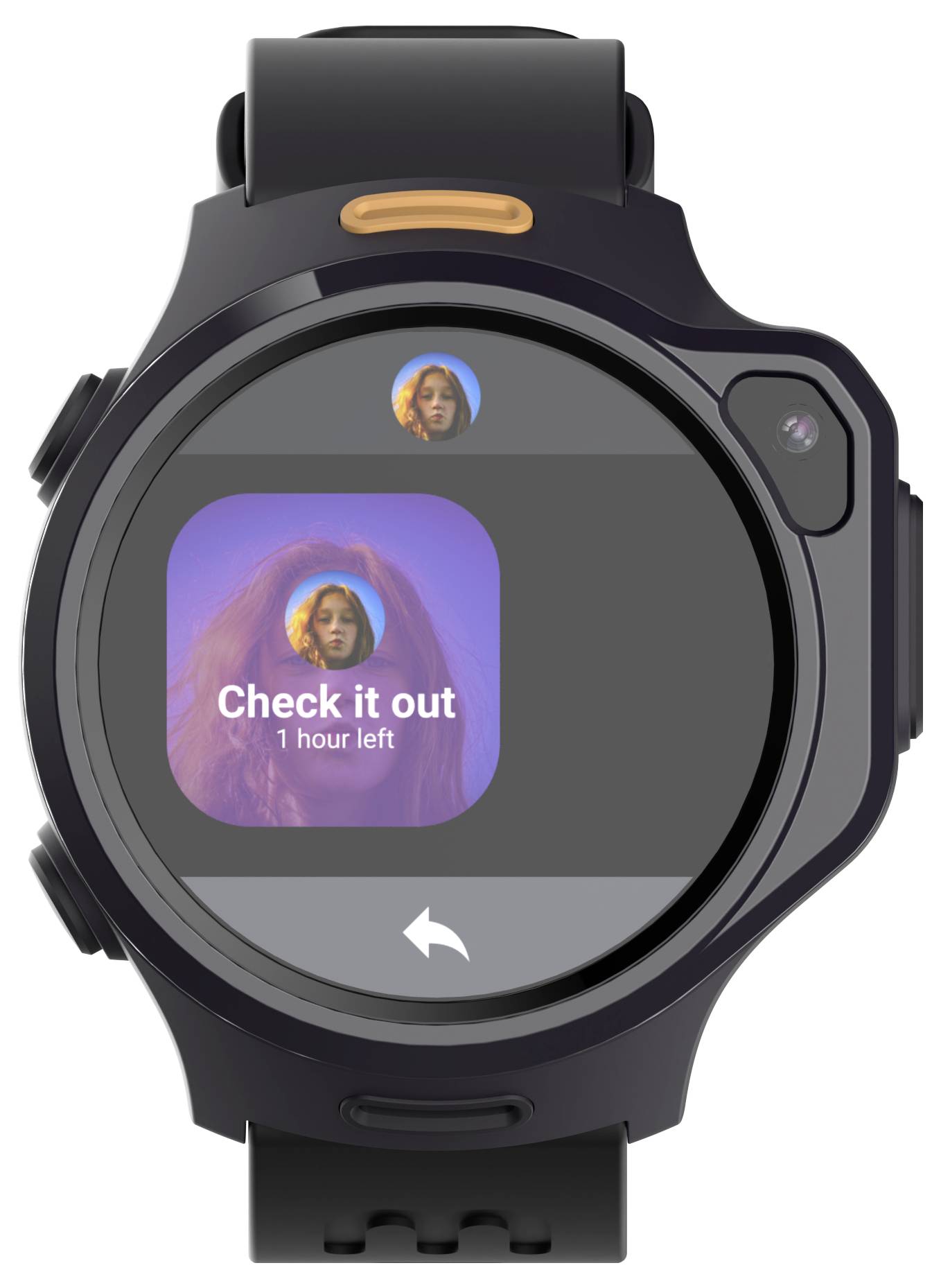 Smartwatch wyświetla powiadomienie z obrazkiem i tekstem „Sprawdź to, zostało 1 godzina". Interfejs sugeruje nadchodzące wydarzenie.