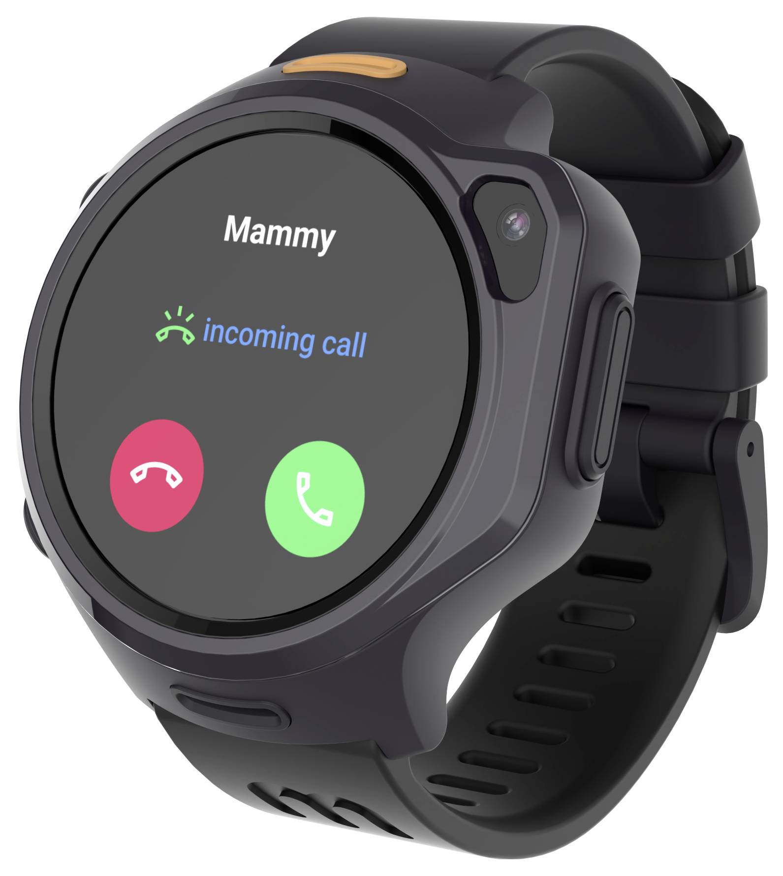 Smartwatch wyświetlający nadchodzące połączenie od 'Mammy' z widocznymi zielonymi przyciskami odebrania i czerwonymi przyciskami odrzucenia na ekranie.