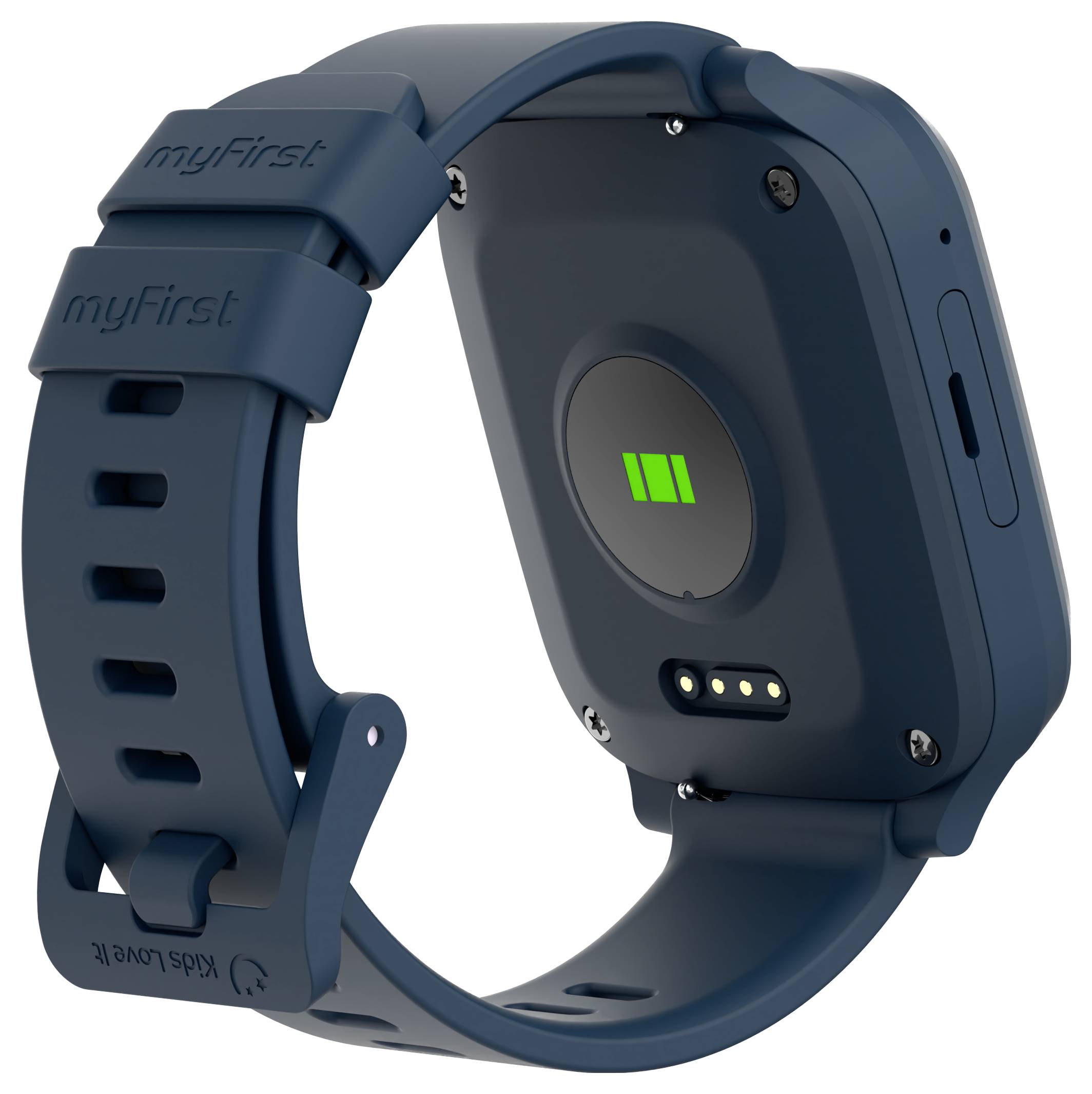 Niebieski smartwatch z paskiem gumowym, wyposażony w prostokątny ekran i czujnik tętna na tylnej części.