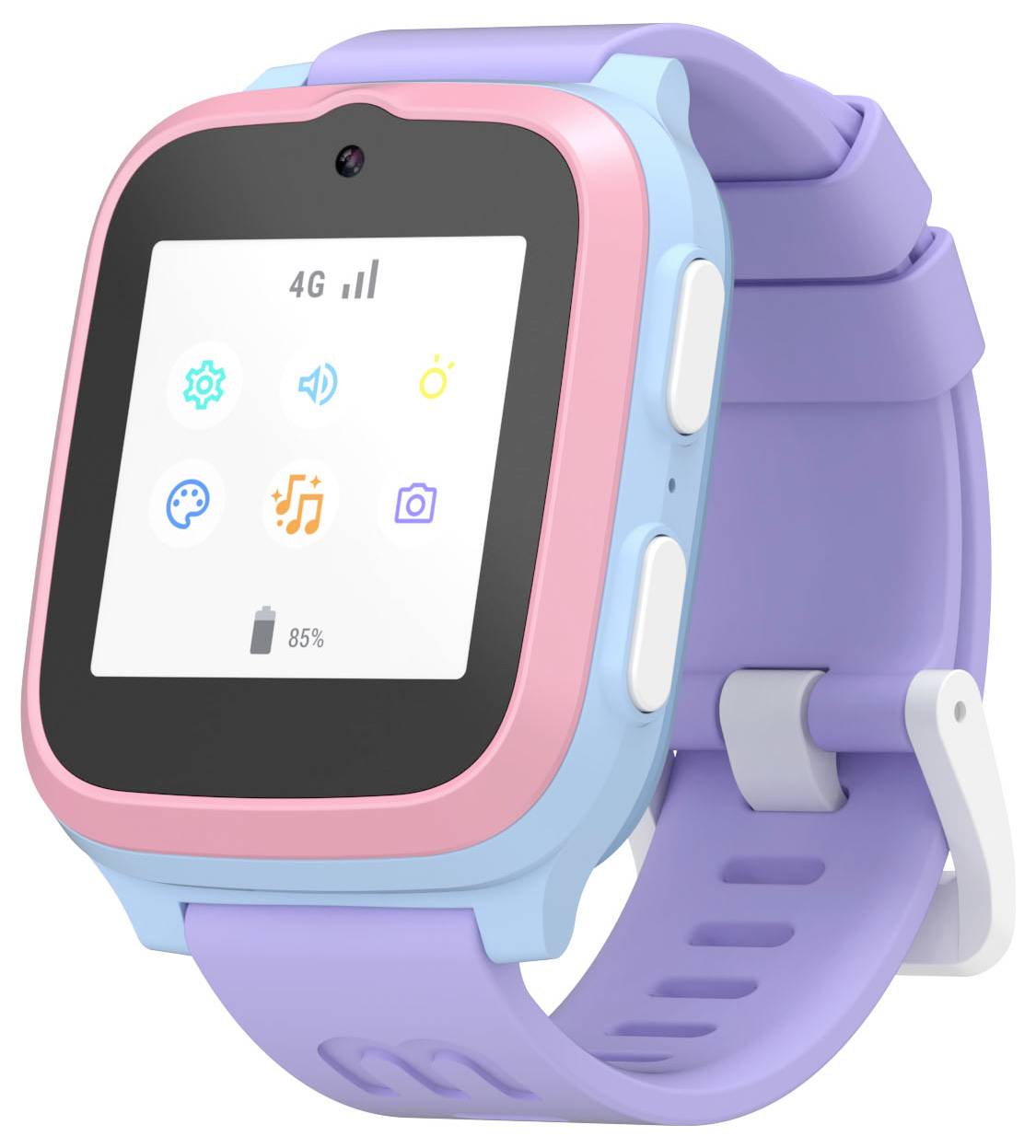 Kolorowy smartwatch z niebiesko-różową ramką i fioletowym paskiem wyświetla różne ikony aplikacji i pokazuje poziom naładowania baterii wynoszący 85%.