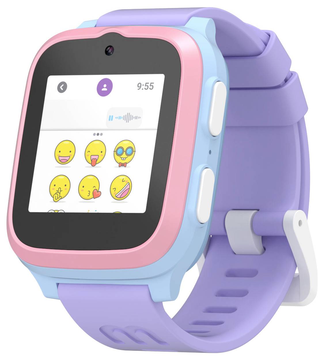 Zabawny, pastelowy smartwatch dla dzieci z wyświetlaczem pokazującym różne opcje emoji, z godziną 9:55 na zegarze.