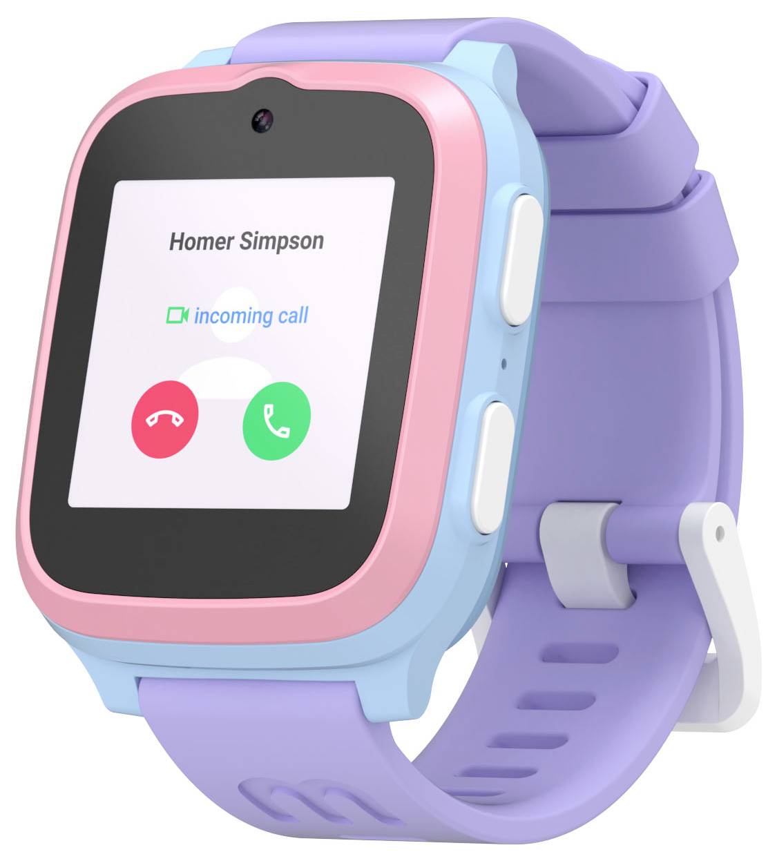 Na smartwatchu wyświetla się nadchodząca rozmowa od 'Homer Simpson'. Ekran połączenia pokazuje zielone i czerwone ikony do odebrania lub odrzucenia rozmowy.