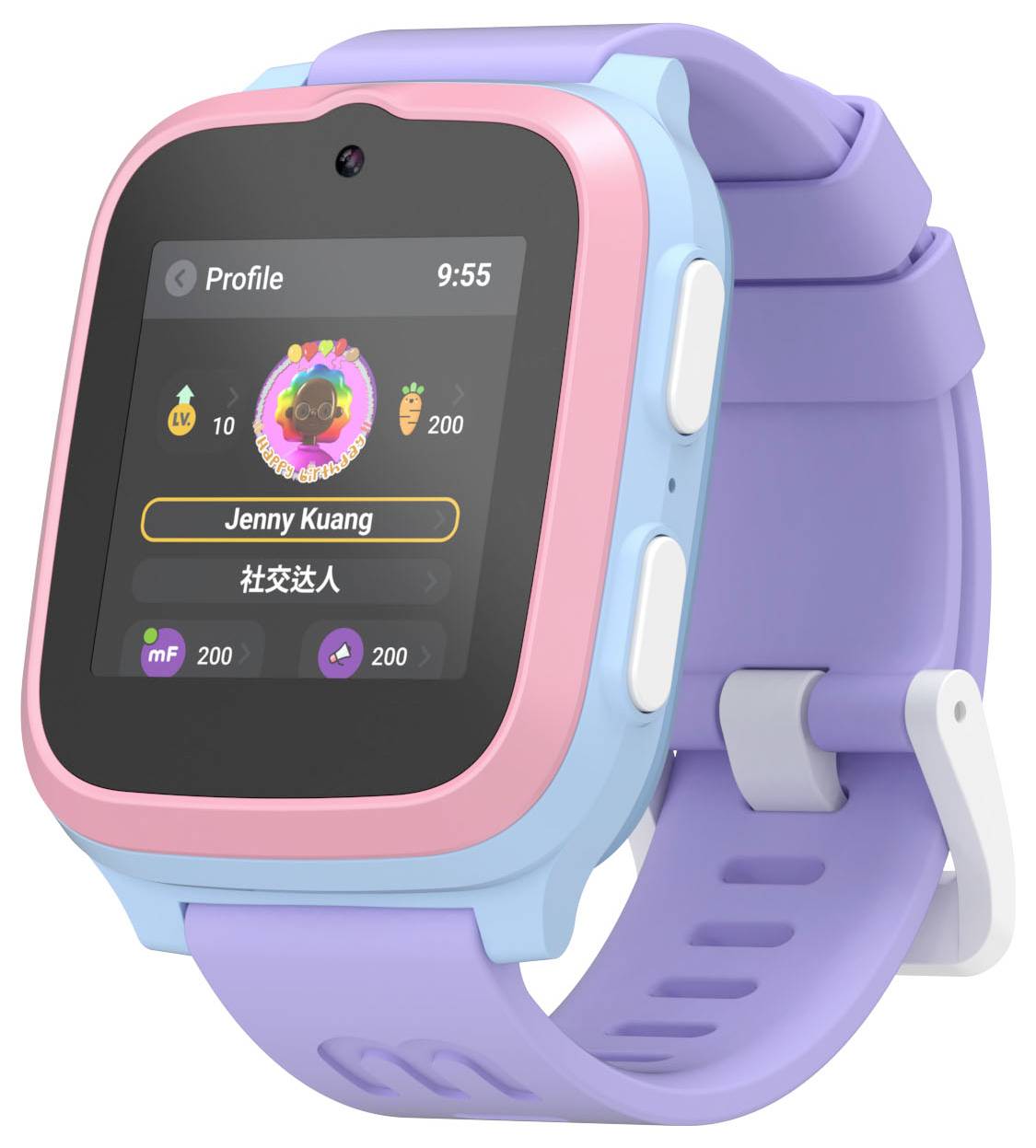 Dziecięcy smartwatch z fioletowym paskiem i różowo-niebieską obudową wyświetlający ekran profilu z napisem 'Jenny Kuang' oraz ikonami osiągnięć.