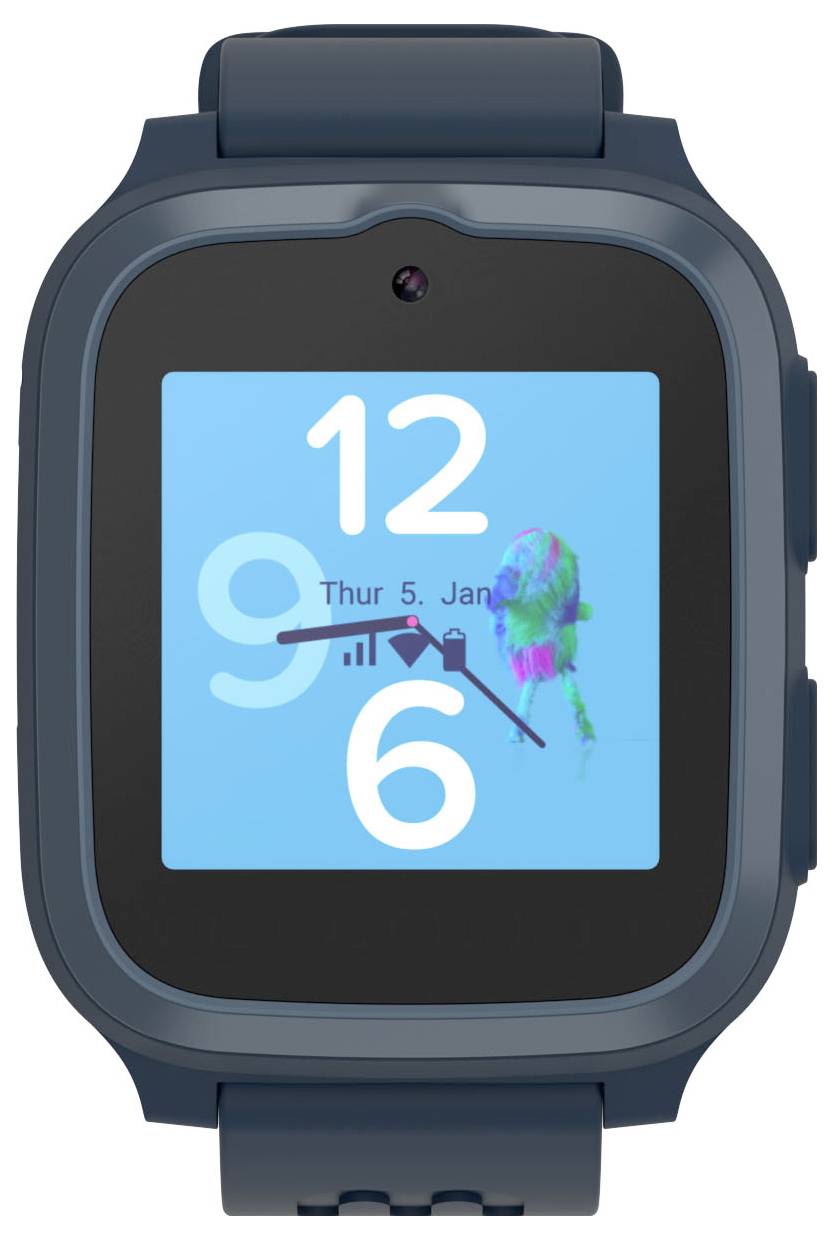 Cyfrowy smartwatch wyświetlający '12:06', 'Czw 5. Sty', z paskami sygnału komórkowego i zniekształconą grafiką ptaka na niebieskim tle.