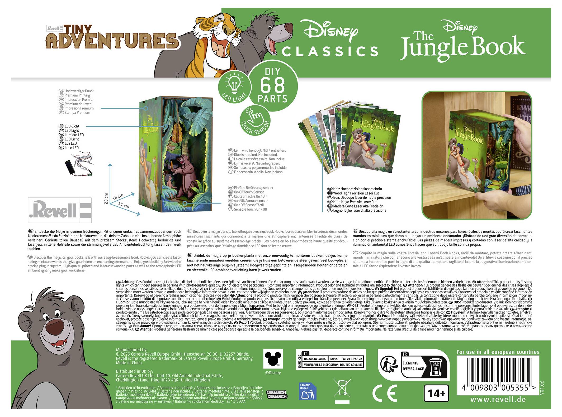 Zestaw modelarski Revell 'Disney Księga Dżungli' przedstawiający postać Balloo. Zawiera komponenty do samodzielnego złożenia z 68 elementów. Widoczne informacje dotyczące marki i bezpieczeństwa.