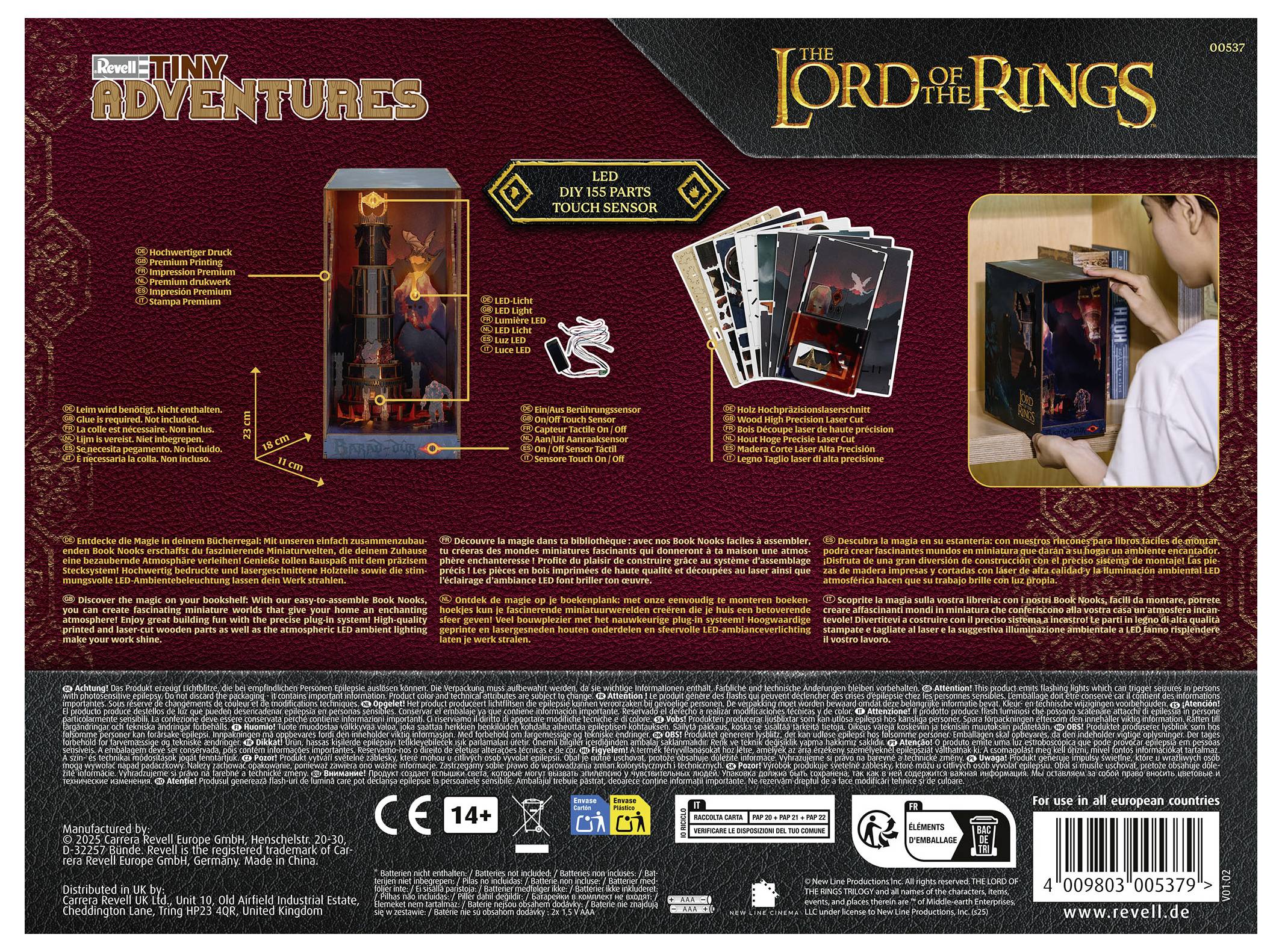 Opakowanie dioramy LED "Władcy Pierścieni" prezentujące montaż i funkcję czujnika dotykowego, z ilustracjami produktu oraz osobą go obsługującą.