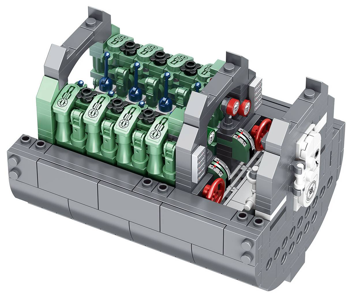 Model Lego silnika V8 z tłokami, korbowodami i biegami, prezentujący szczegóły inżynieryjne i komponenty mechaniczne.