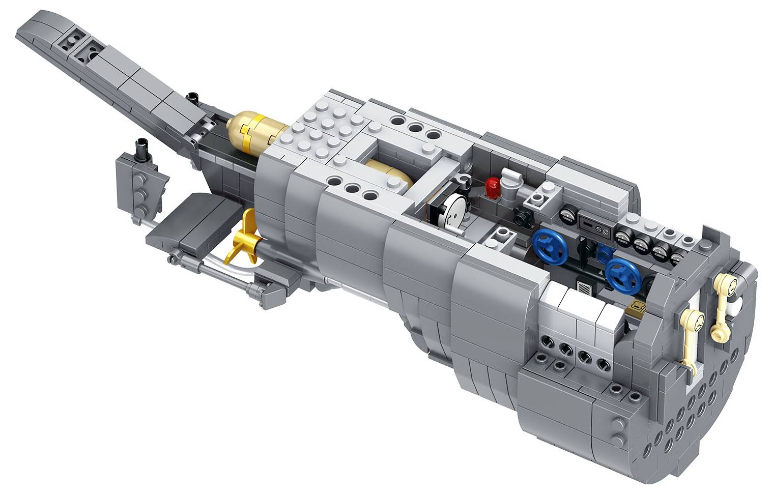 Szczegółowy widok szarego modelu statku kosmicznego z LEGO, z niebieskimi i żółtymi akcentami, prezentujący mechaniczne elementy i małą przestrzeń kokpitu.