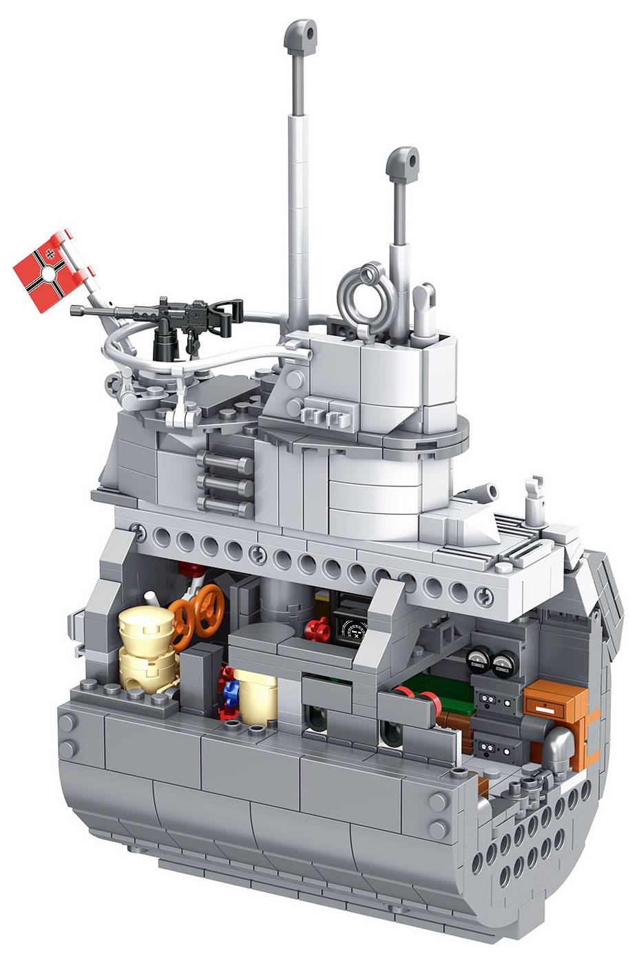 Szczegółowy model łodzi podwodnej z klocków LEGO, wyposażony w flagę, peryskopy oraz otwartą sekcję przekrojową ukazującą szczegóły wnętrza, takie jak pomieszczenia załogi i sterowanie.