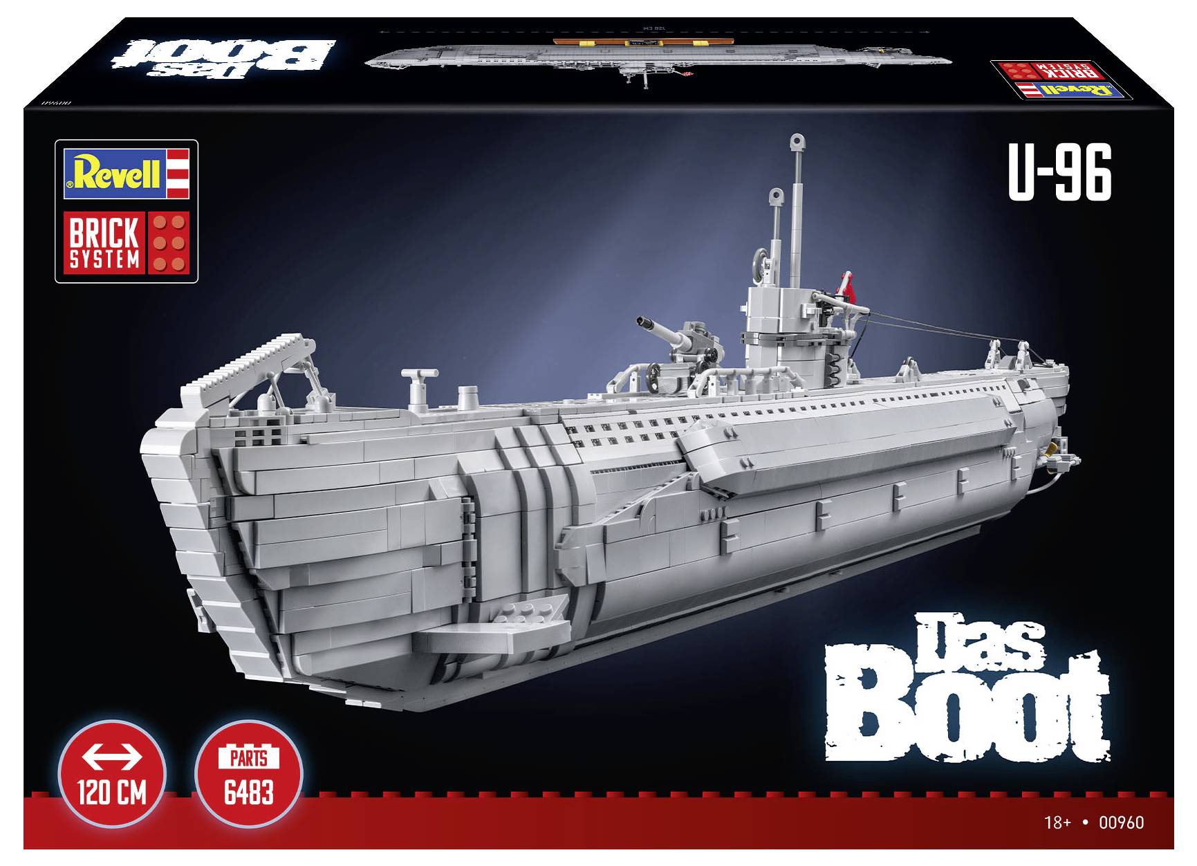Pudełko 'Revell Brick System' z dokładnym modelem łodzi podwodnej oznaczonej jako 'U-96 Das Boot', zawierające długość '120 CM' i '6483' elementów.