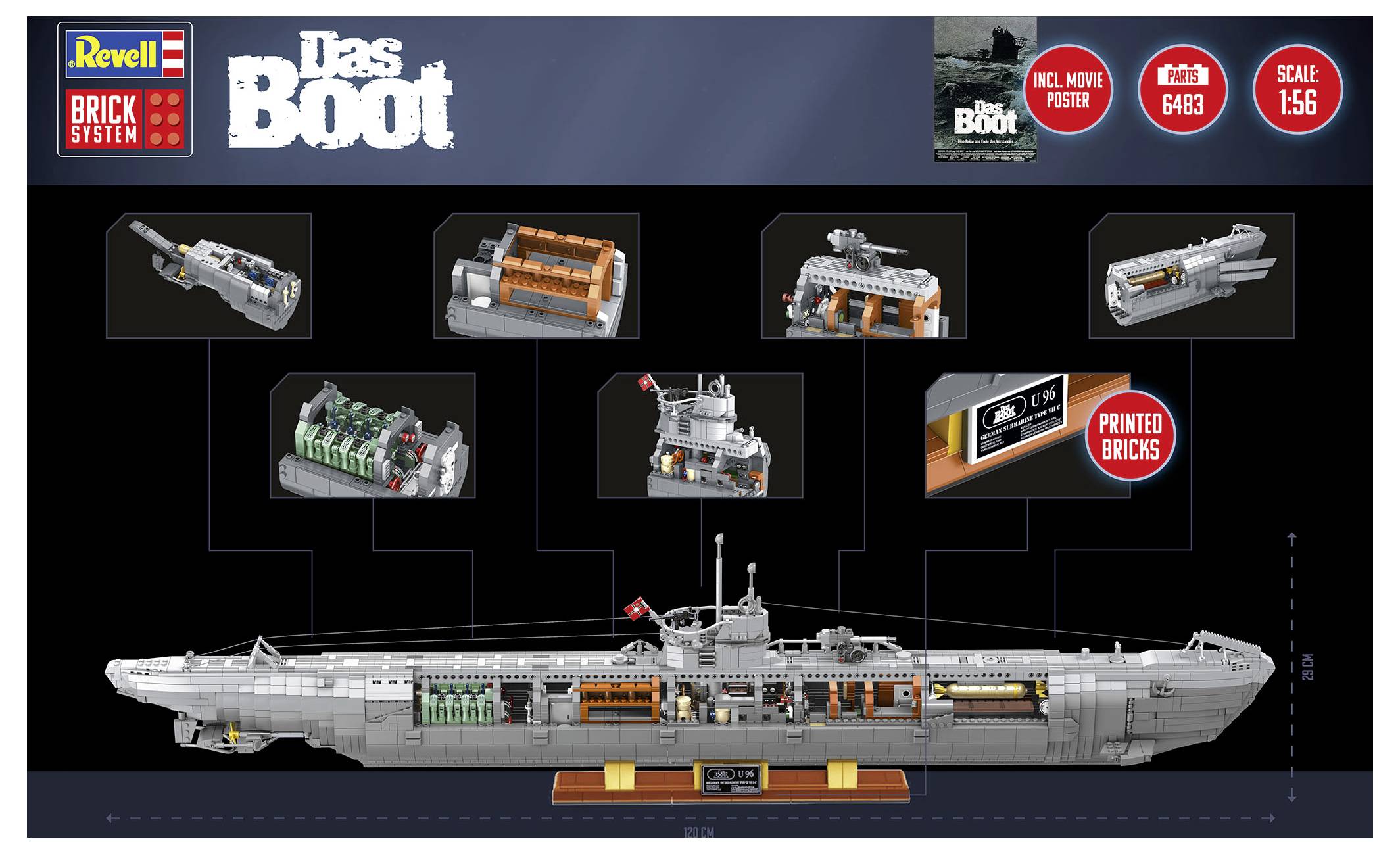 Okładka zestawu modelowego "Das Boot" firmy Revell przedstawiająca szczegółowy model łodzi podwodnej z oznaczonymi sekcjami, w tym silnikiem i widokami wnętrza. Skala 1:56.