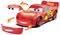 Czerwony zabawkowy samochód wyścigowy z naklejkami, posiadający zdejmowaną maskę i zderzak, przypominający postać z wyrazistymi oczami i uśmiechniętą przednią częścią.