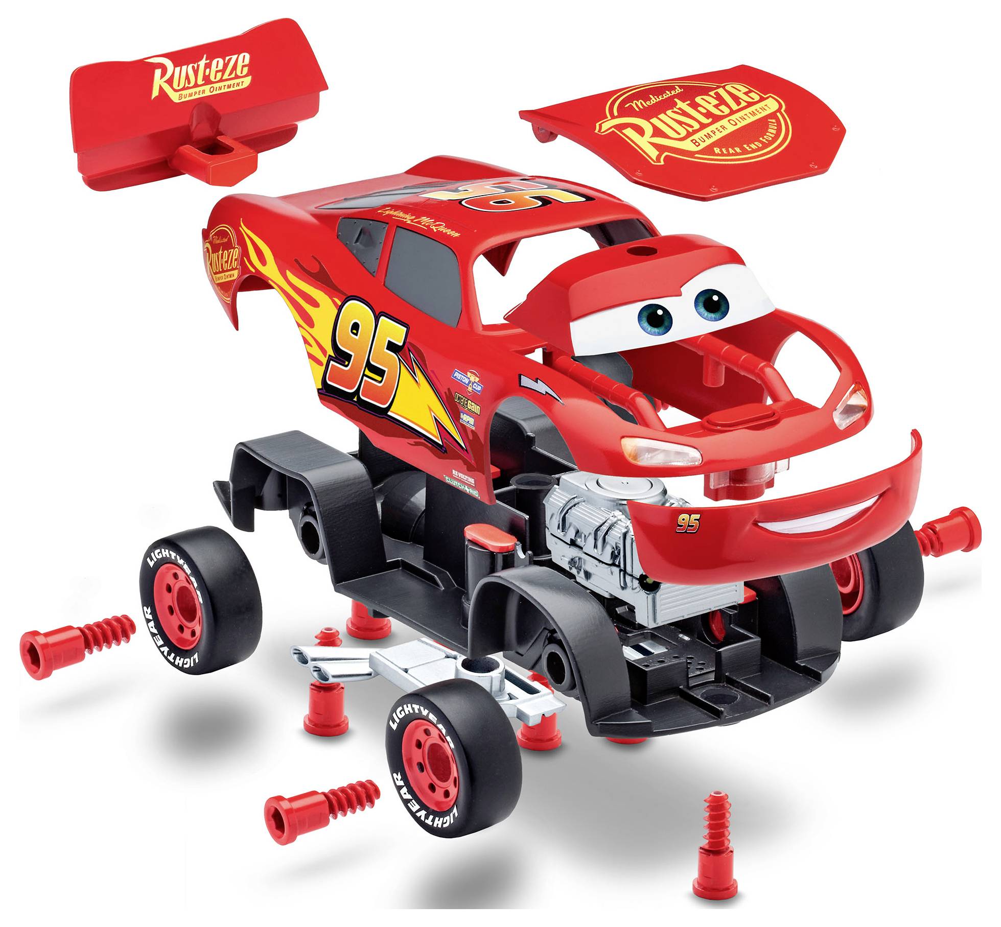 Czerwony samochodzik zabawkowy o cechach przypominających postać, oznaczony etykietą 'Rust-eze' i numerem '95', przedstawiony w stanie rozłożonym z osobno pokazanym silnikiem i kołami.