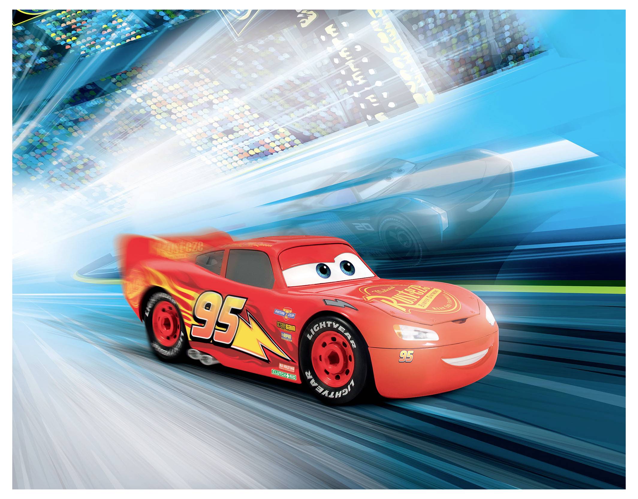 Czerwony animowany samochód wyścigowy o numerze 95, ozdobiony żywymi naklejkami wyścigowymi, mknie po niebieskim torze rozmytym ruchem, budząc ekscytację.
