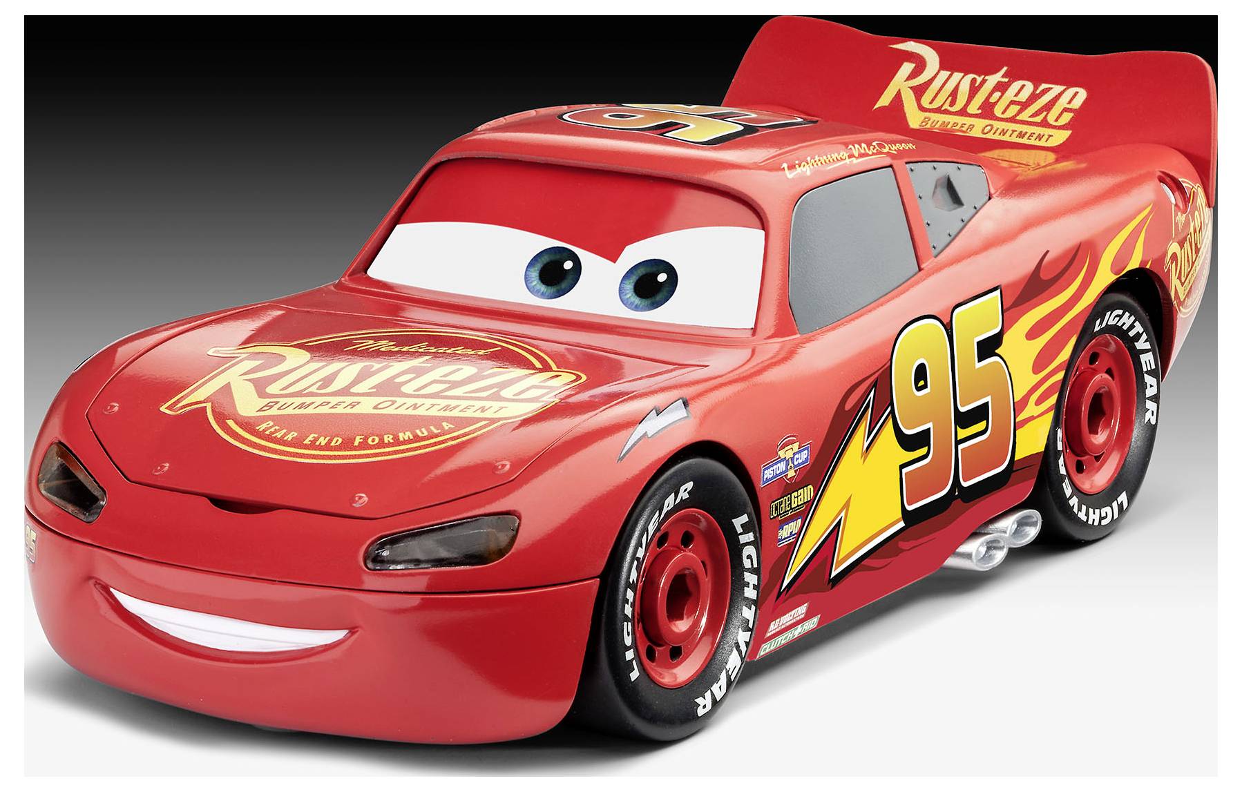 Jaskrawoczerwony, rysunkowy samochód wyścigowy w stylu kreskówki z dużymi oczami, wyświetlający numer '95' i logo 'Rust-eze', przypominający postać z animowanego filmu.