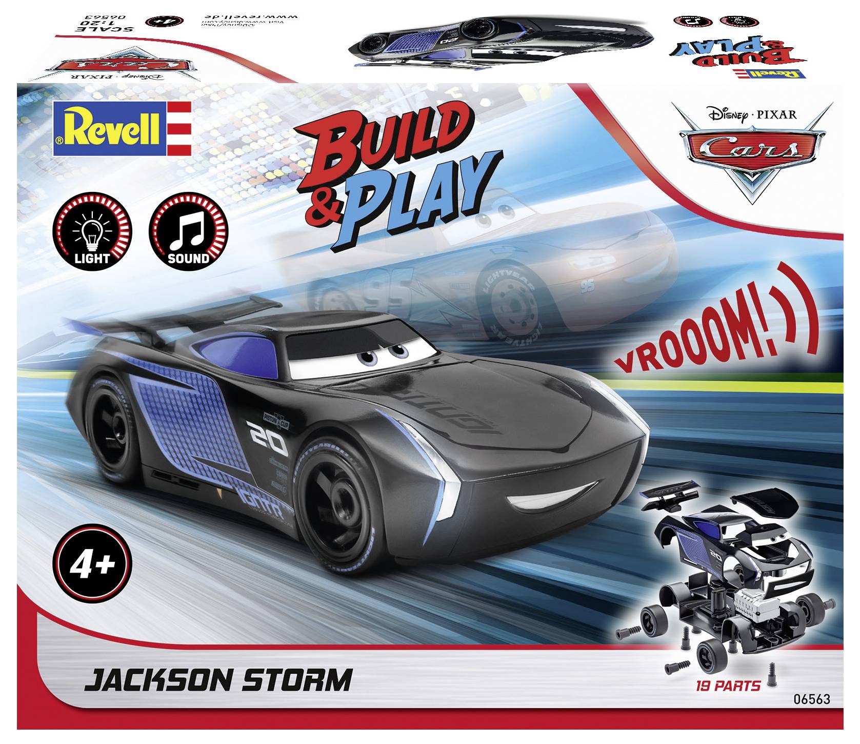 Zdjęcie przedstawia opakowanie zestawu modelarskiego samochodu zabawki z postacią o imieniu Jackson Storm z serii 'Cars'. Zestaw przeznaczony jest dla dzieci powyżej 4 roku życia i posiada funkcje 'Światło' oraz 'Dźwięk'.