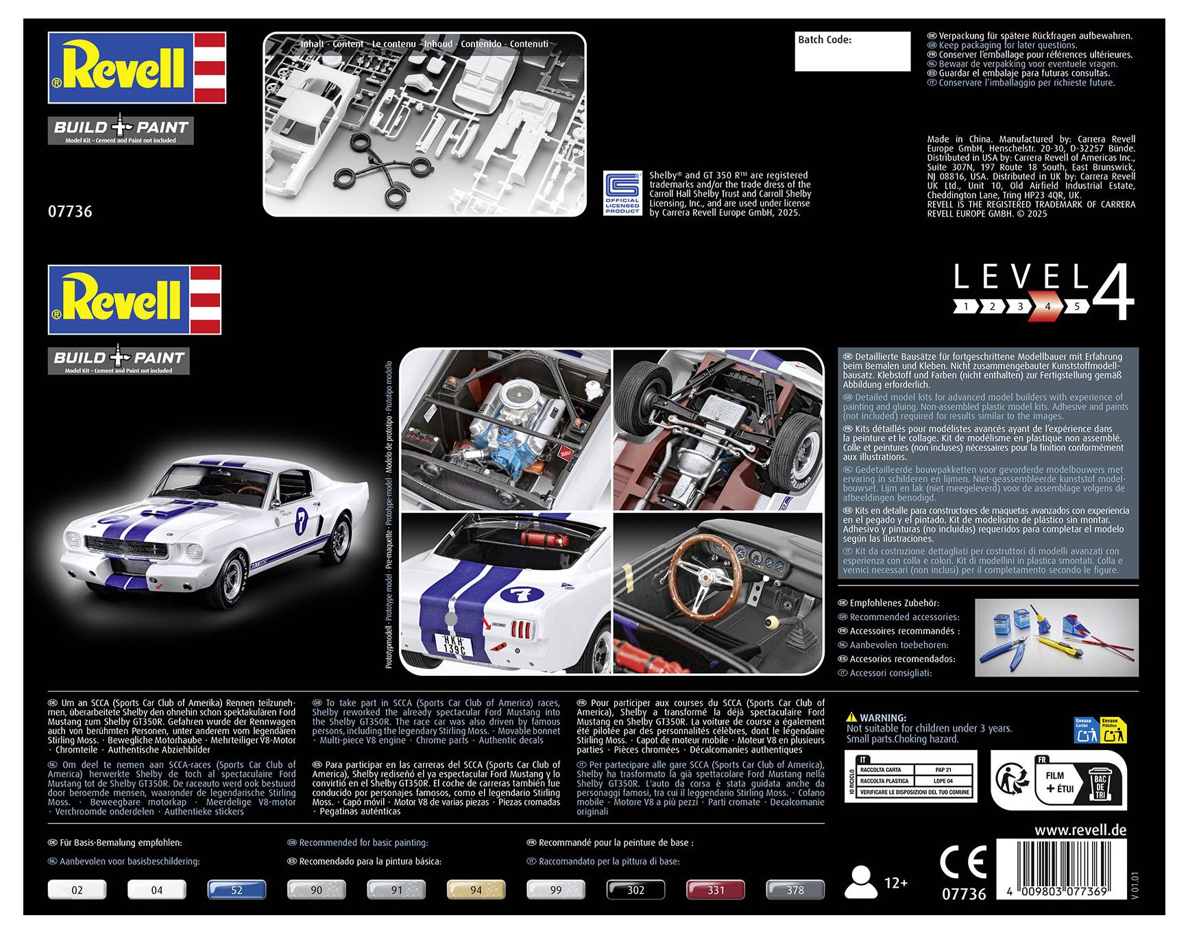 Zestaw modelarski 'Revell Build & Paint' przedstawiający obrazy zabytkowego samochodu wyścigowego, części do złożenia oraz zalecane narzędzia z oceną poziomu trudności 4.