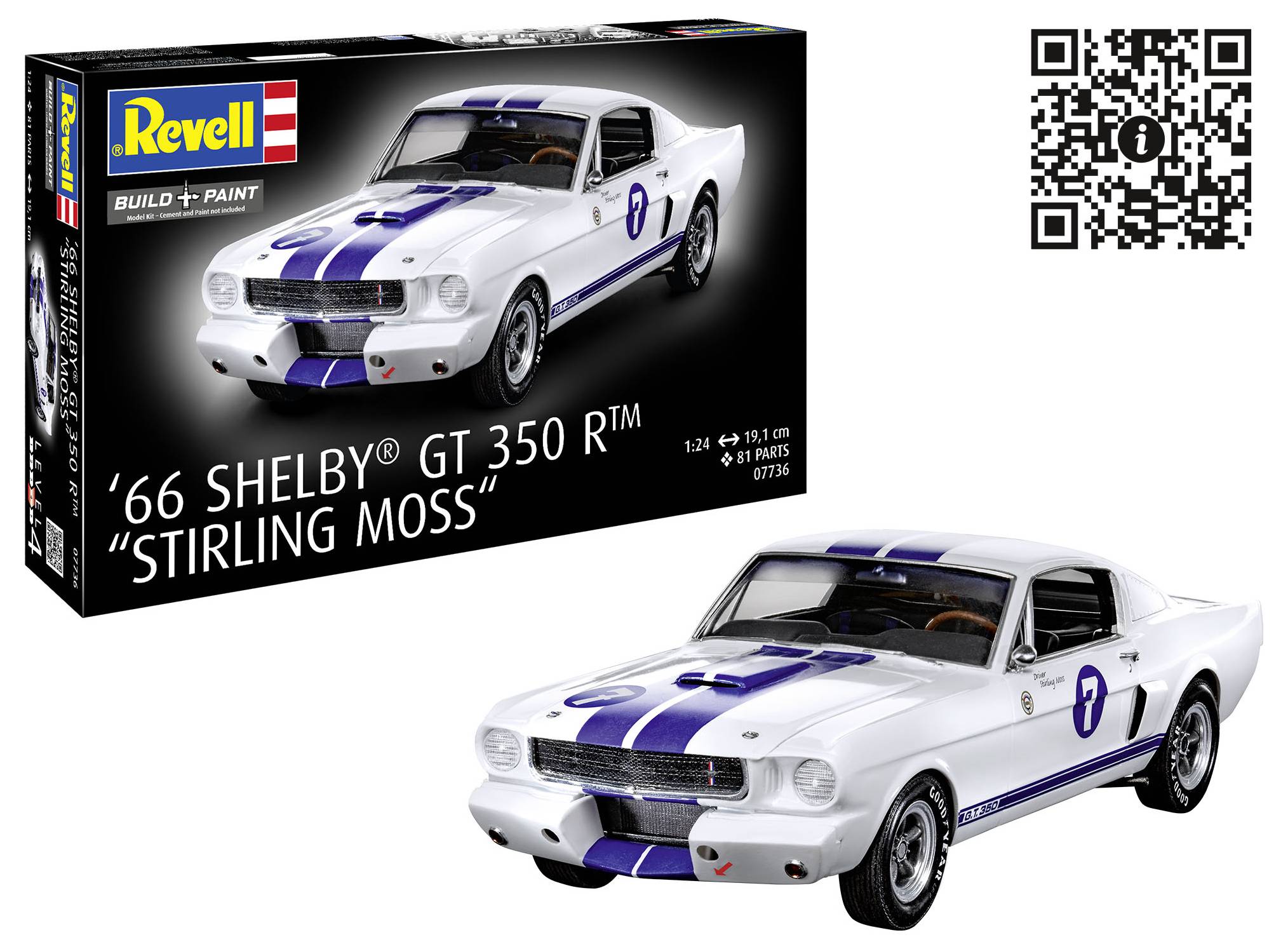 Pudełko z modelem samochodu '66 Shelby GT 350 R Shelby w kolorze białym z niebieskimi paskami i numerem 7. Zawiera kod QR i oznaczenia marki.