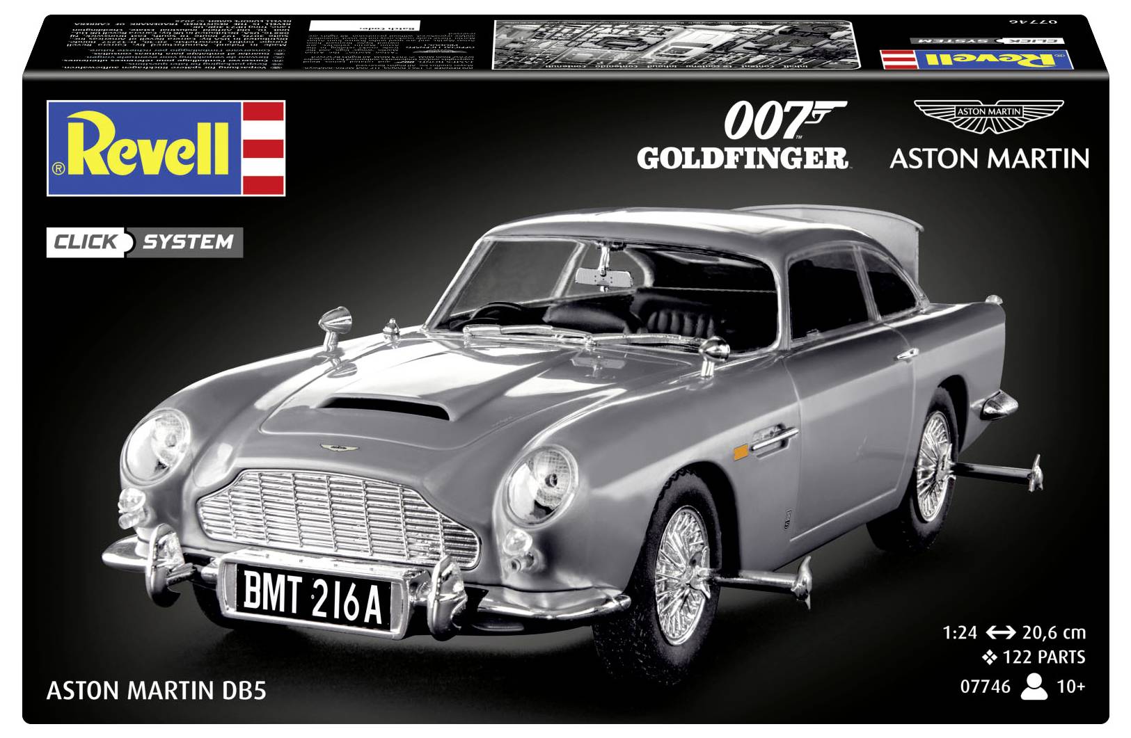 Zestaw modelarski pudełka samochodu Aston Martin DB5 z 1964 roku z filmu 'Goldfinger'. Zawiera obraz samochodu, oznaczenia marki, skalę wielkości oraz szczegóły zestawu.