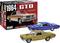 Pudełko i modele zestawu modelarskiego samochodu Pontiac GTO z 1964 roku. Na pudełku znajduje się malowany obraz samochodu, podczas gdy modele są niebieskie i złote, z dokładnie odwzorowanymi szczegółami.