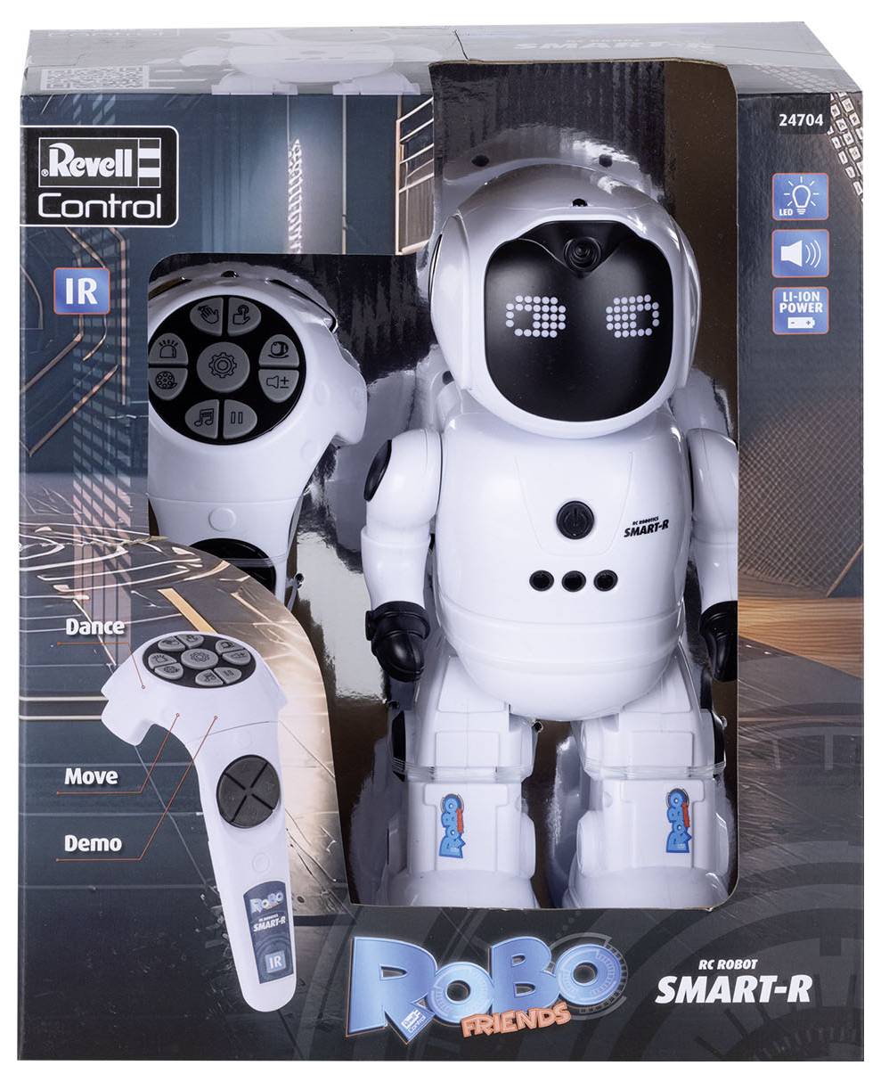 Zabawkowy robot o nazwie 'RoBo Friends' w opakowaniu, wyposażony w świecącą diodową twarz, z pilotem zdalnego sterowania posiadającym funkcje tańca, ruchu i prezentacji.