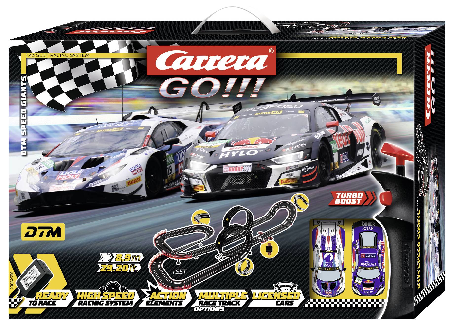 Zestaw toru wyścigowego Carrera GO!!! DTM z opakowaniem przedstawiającym dwa modele samochodów na torze o dużej prędkości, z widocznym układem toru i jego funkcjami.