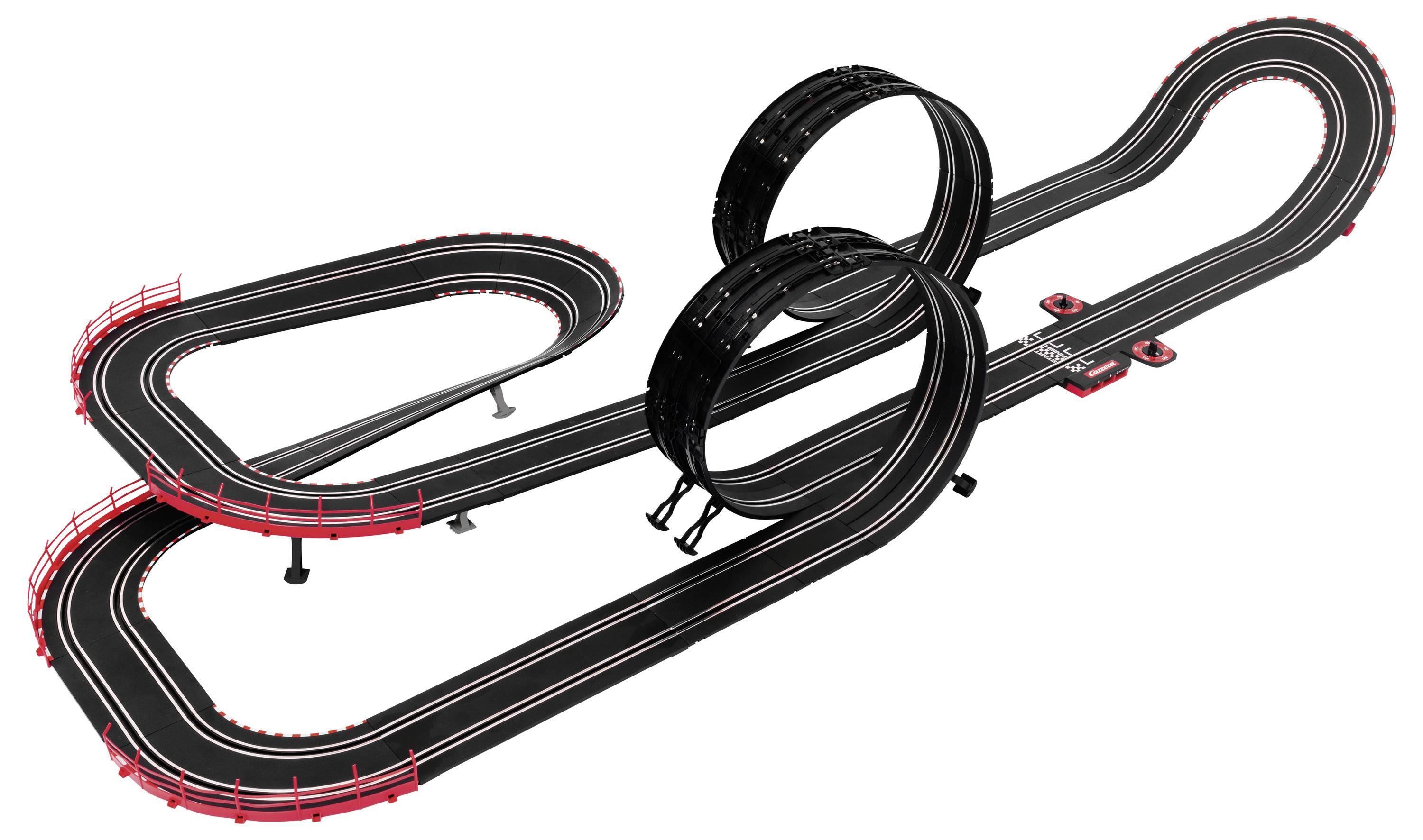 Czarna zabawkowa tor wyścigowy z czerwonymi barierkami, posiadający wiele pętli i zakrętów, został zaprojektowany do jazdy małych samochodów wyścigowych z napędem szczelinowym.