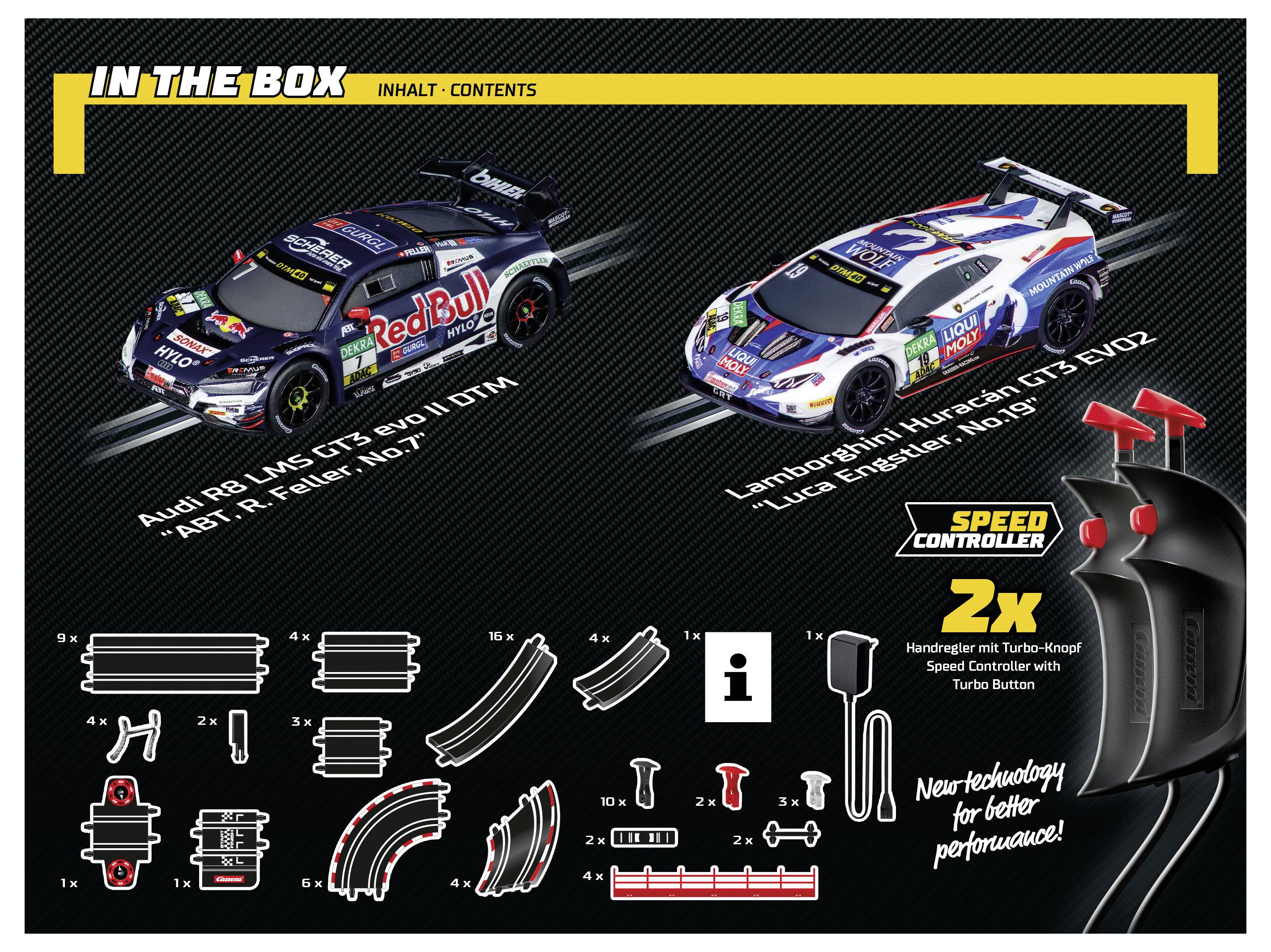 W pudełku znajdują się dwa samochody wyścigowe: Audi R8 LMS GT3 oraz Lamborghini Huracan GT3 w barwach rajdowych, wraz z elementami toru i dwoma kontrolerami.