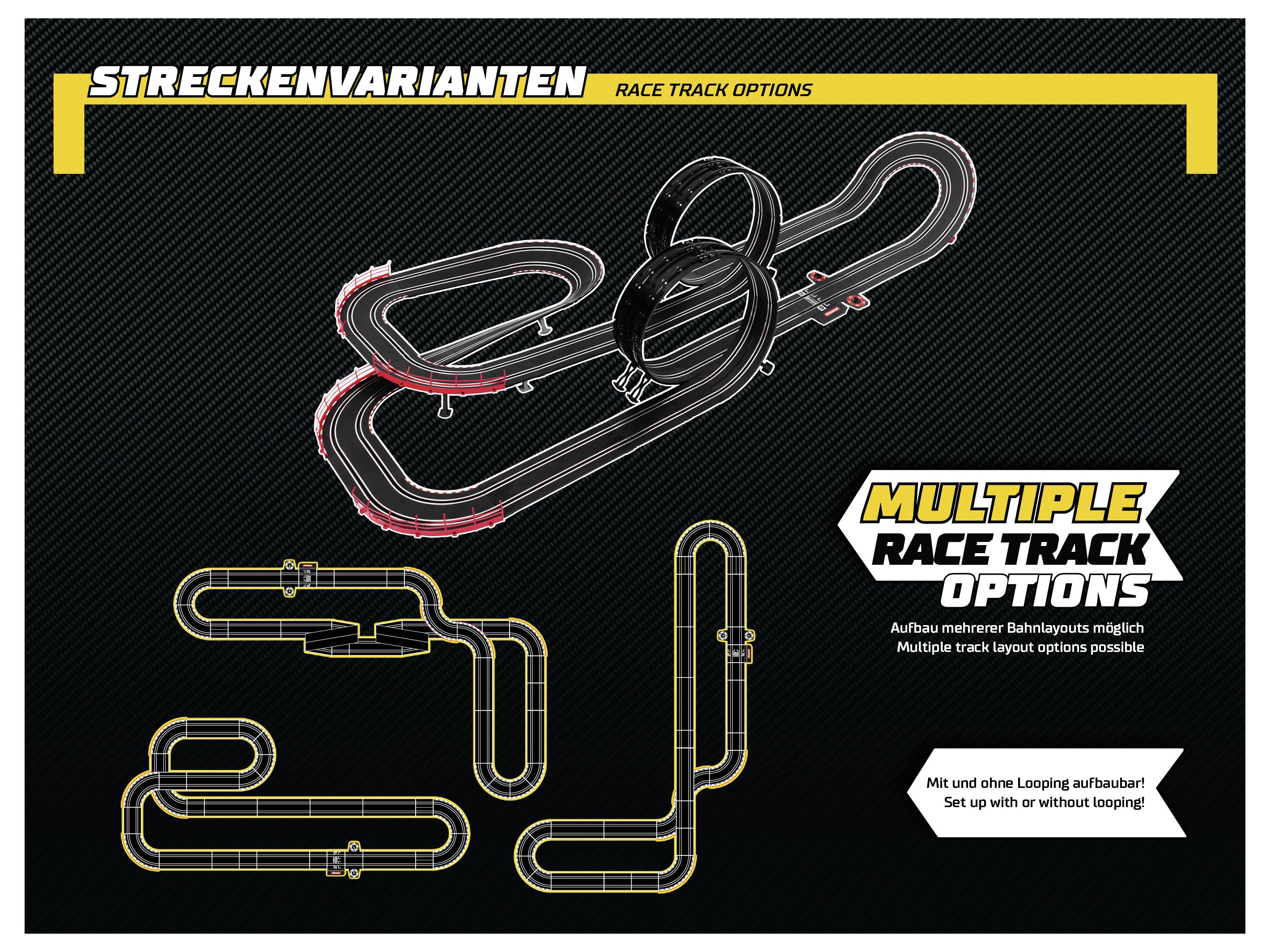 Opcje toru wyścigowego" pokazuje dwie konfiguracje toru pętlowego dla modeli samochodów, oznaczone jako "Streckenvarianten". Zawiera układ z podwójną lub bez pętli.