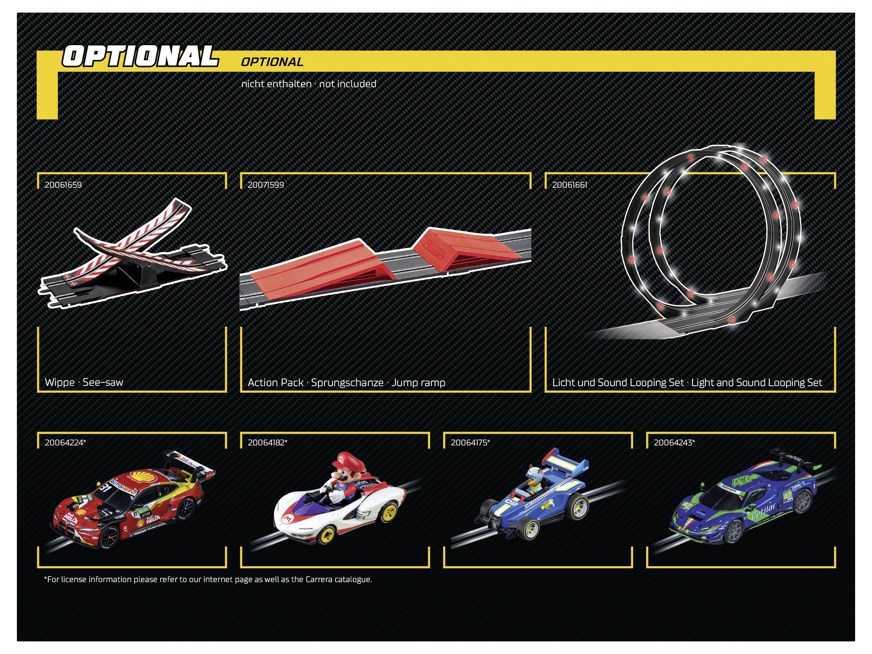 Akcesoria opcjonalne do toru samochodowego obejmują kładkę (przechylaną), skocznie, a także zestaw pętli z efektami świetlnymi i dźwiękowymi, z obrazkami różnych samochodów zabawkowych.