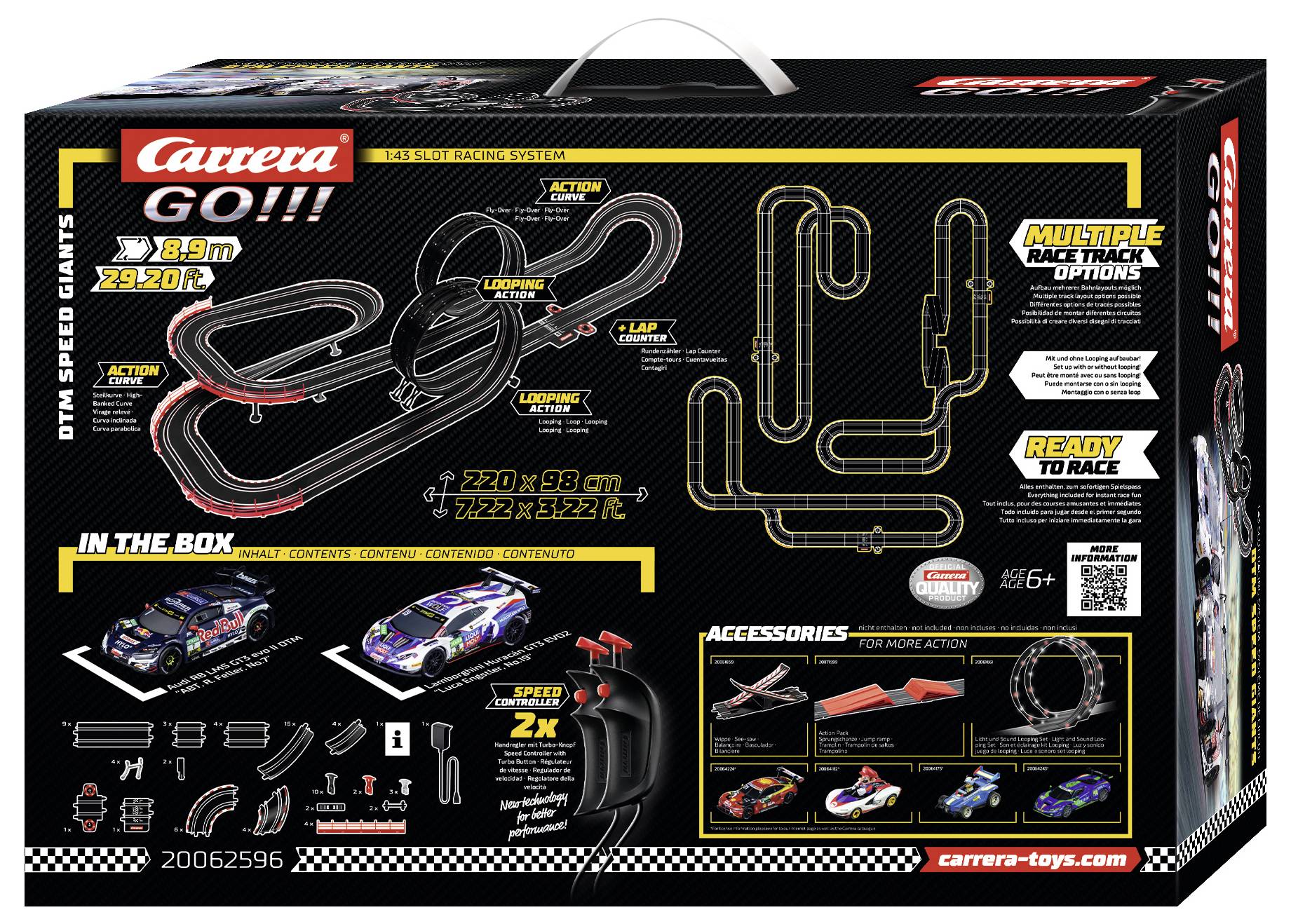 Zestaw toru wyścigowego 'Carrera GO!!!' przedstawiający układ toru, obrazy samochodów, kontrolery, długość toru 8,9 m oraz hasło przewodnie 'Gotowy do wyścigu'.