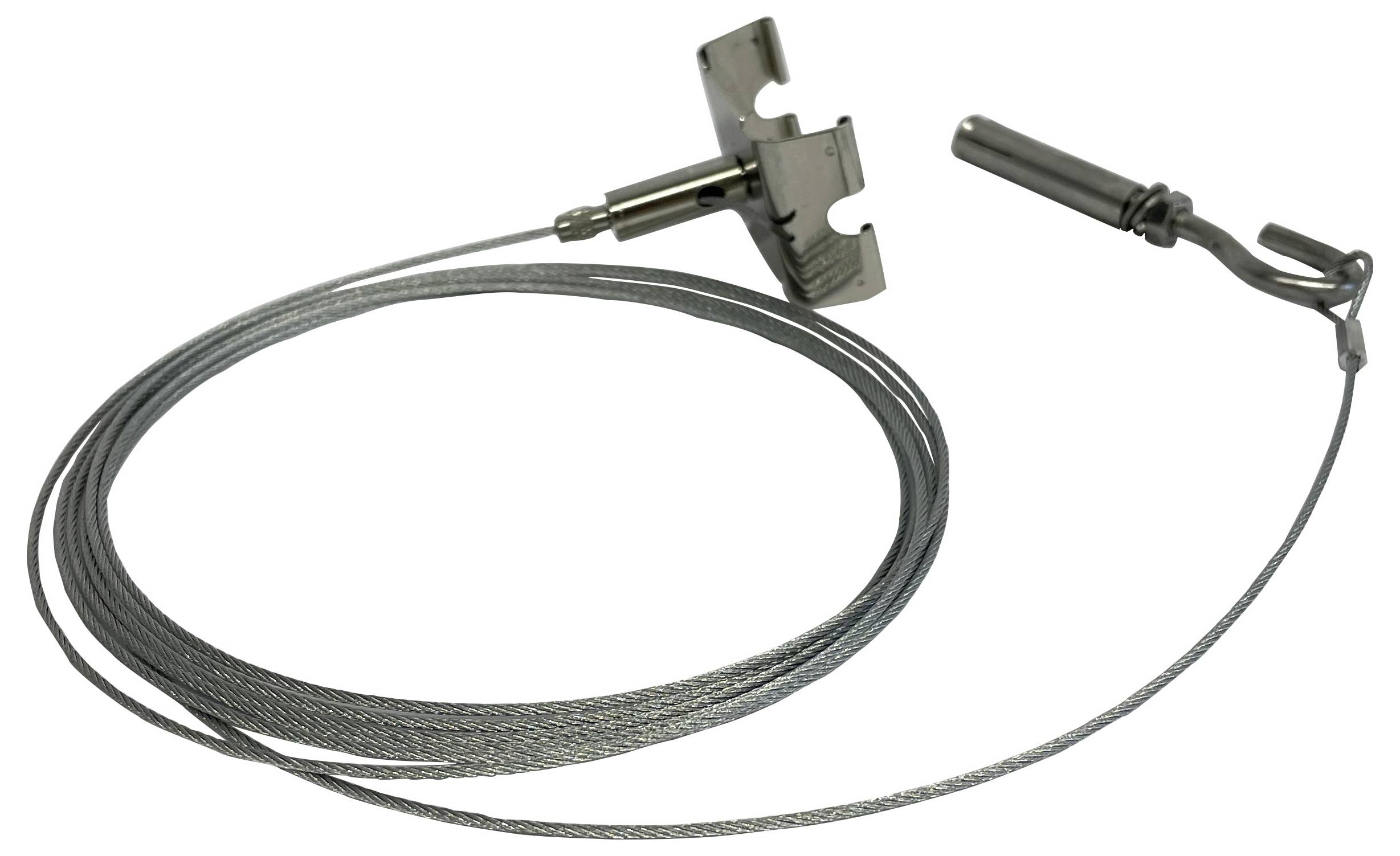 Stalowy kabel przymocowany do metalowego haka i zaciska.