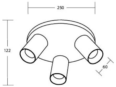 Techniczny diagram trójświetlnej lampy sufitowej, pokazujący okrągłą podstawę z trzema regulowanymi lampami cylindrycznymi i wymiarami oznaczonymi 250, 122 i 60.