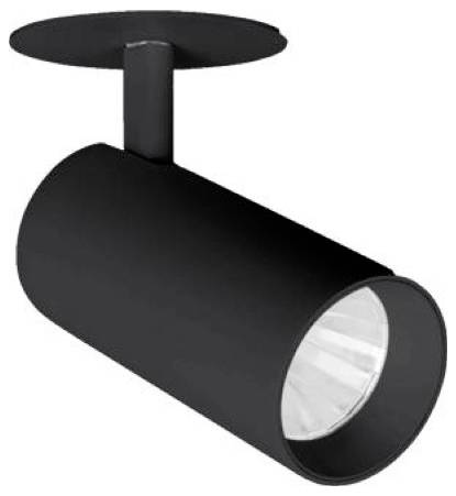 Czarny cylindryczny reflektor sufitowy z regulowanym uchwytem, skierowany w dół