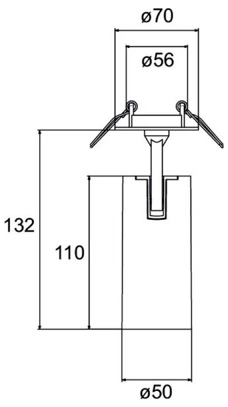 Rysunek techniczny walcowego lampionu lub oprawy:<br>- średnica górna ø70 z wewnętrzną ø56<br>- średnica korpusu ø50<br>- całkowita wysokość 132<br>- wewnętrzna wysokość 110