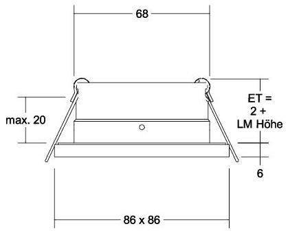 Diagram techniczny urządzenia mocującego zawierający wymiary: szerokość górna 68, podstawa 86 x 86, limit wysokości maks. 20 oraz uwaga „ET = 2 + LM Höhe".